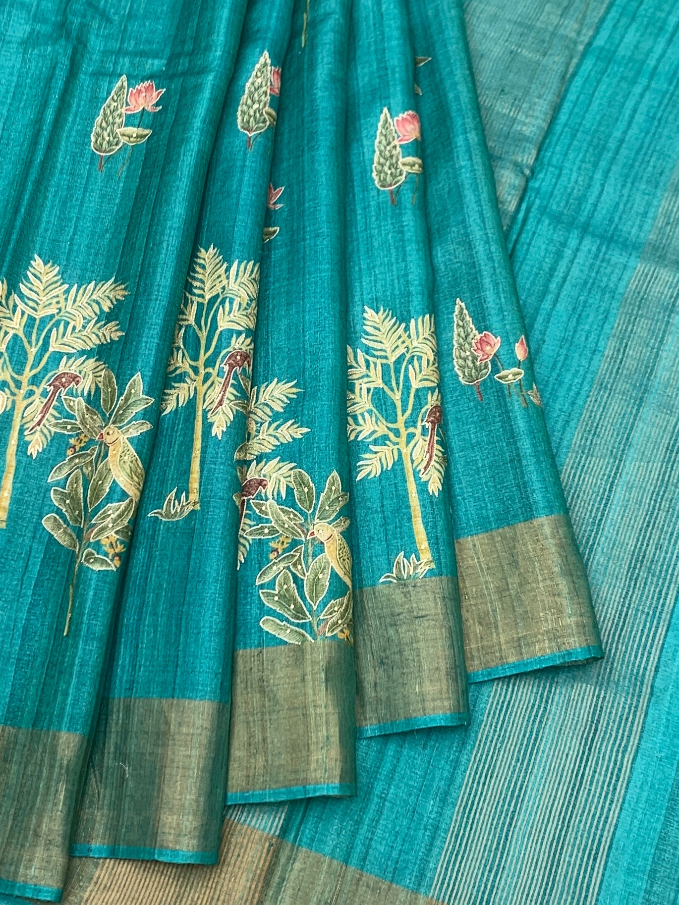 Tropical Lagoon: Tree of Life Printed Tussore Saree