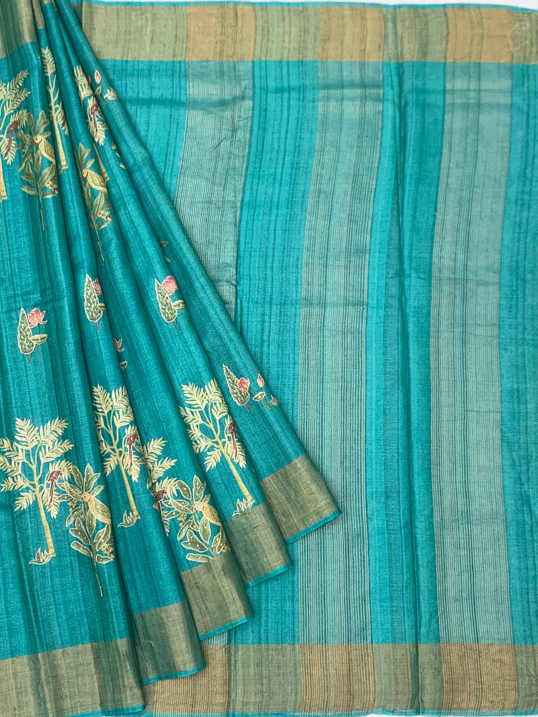 Tropical Lagoon: Tree of Life Printed Tussore Saree