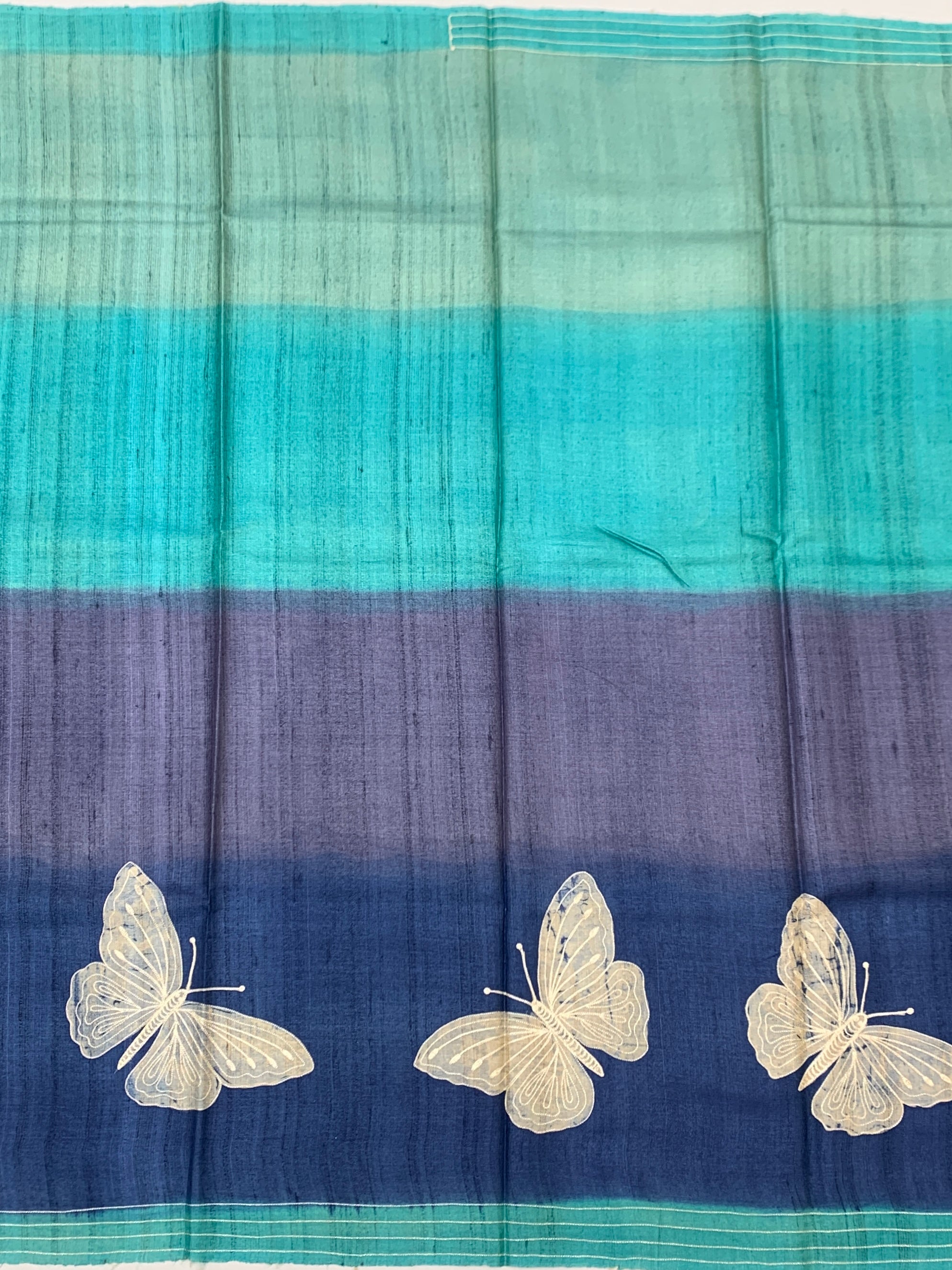 Enchanted Indigo & Teal: Whimsical Butterfly Printed Tussar Silk Saree