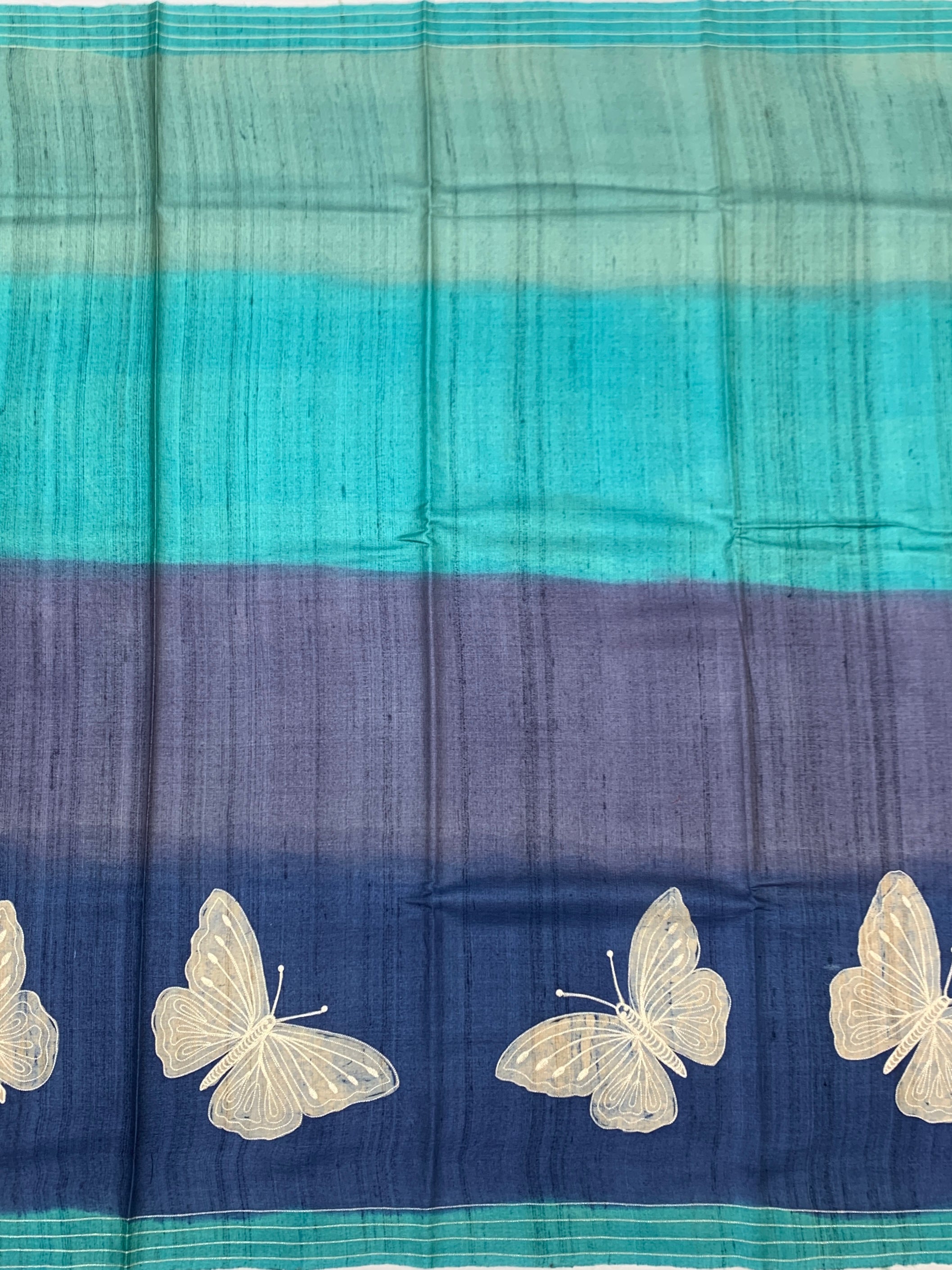 Enchanted Indigo & Teal: Whimsical Butterfly Printed Tussar Silk Saree