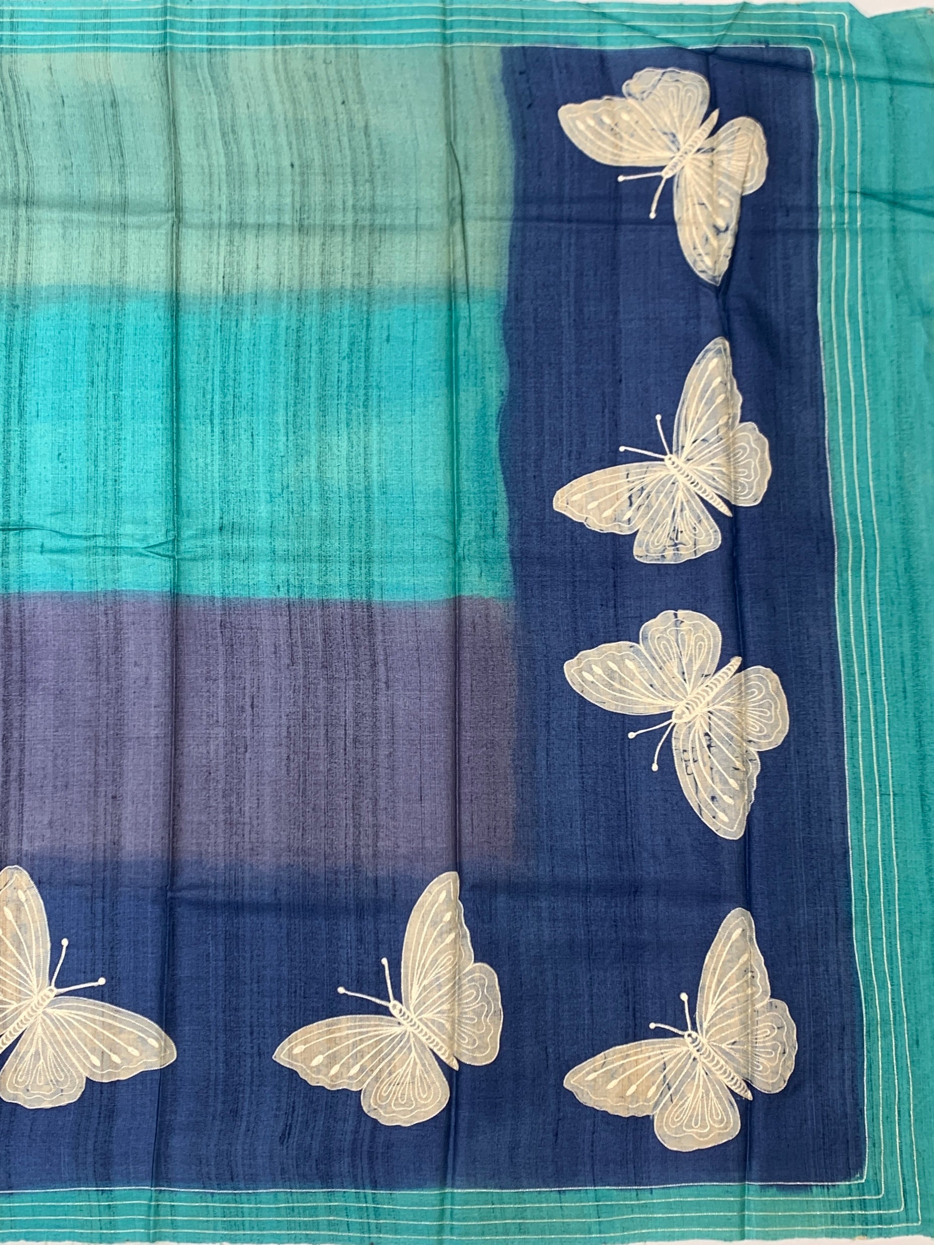 Enchanted Indigo & Teal: Whimsical Butterfly Printed Tussar Silk Saree