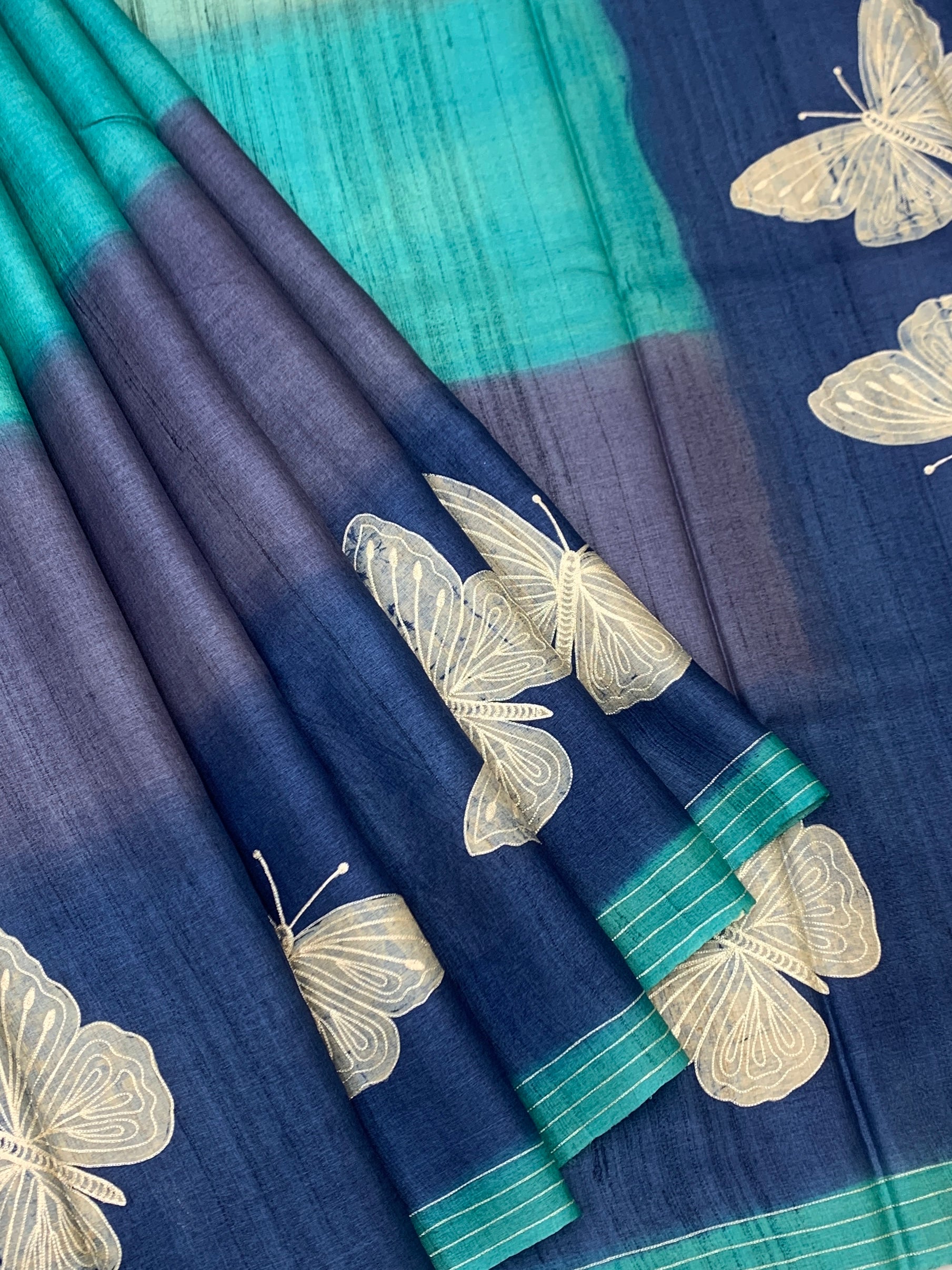 Enchanted Indigo & Teal: Whimsical Butterfly Printed Tussar Silk Saree