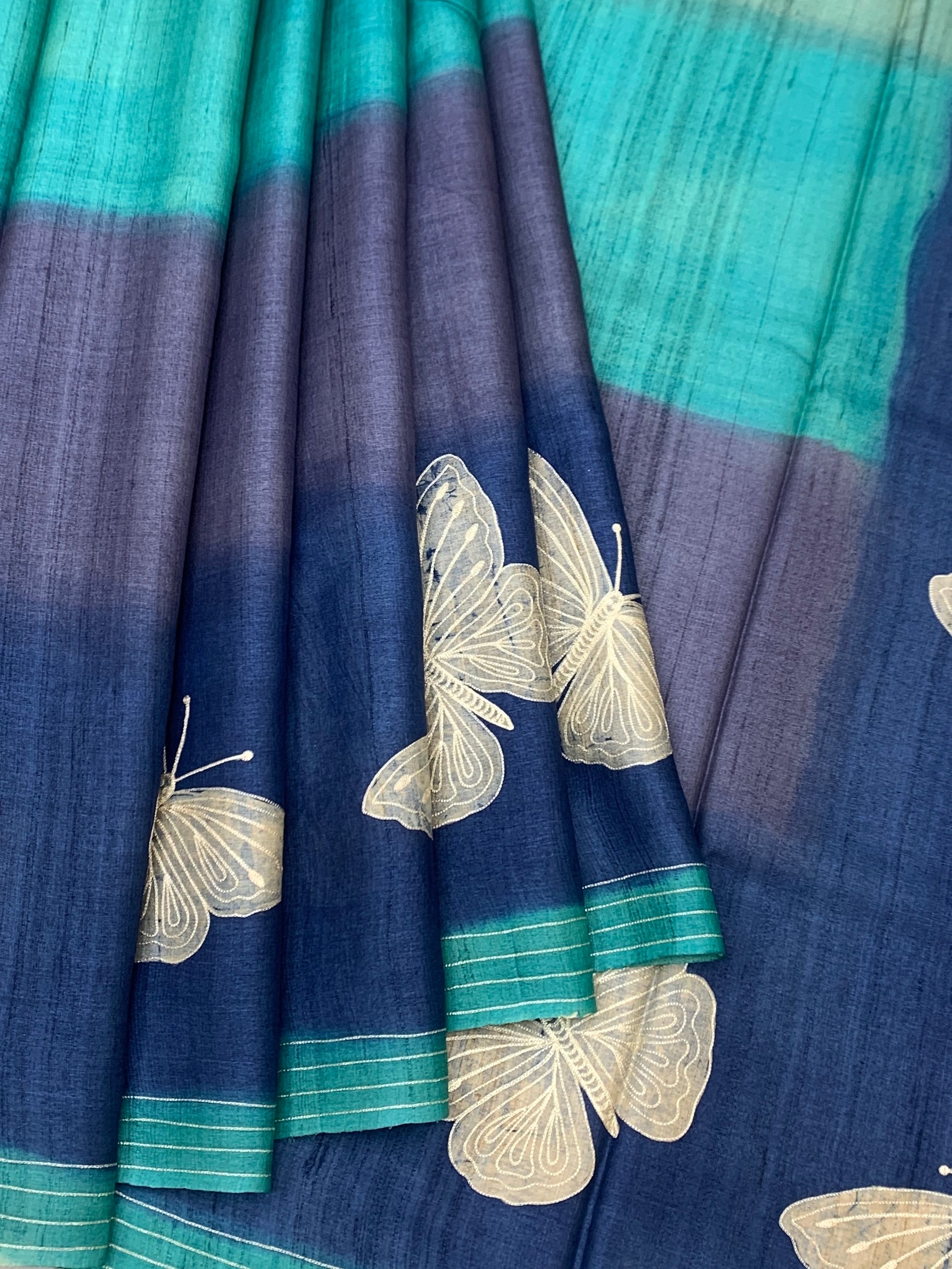 Enchanted Indigo & Teal: Whimsical Butterfly Printed Tussar Silk Saree