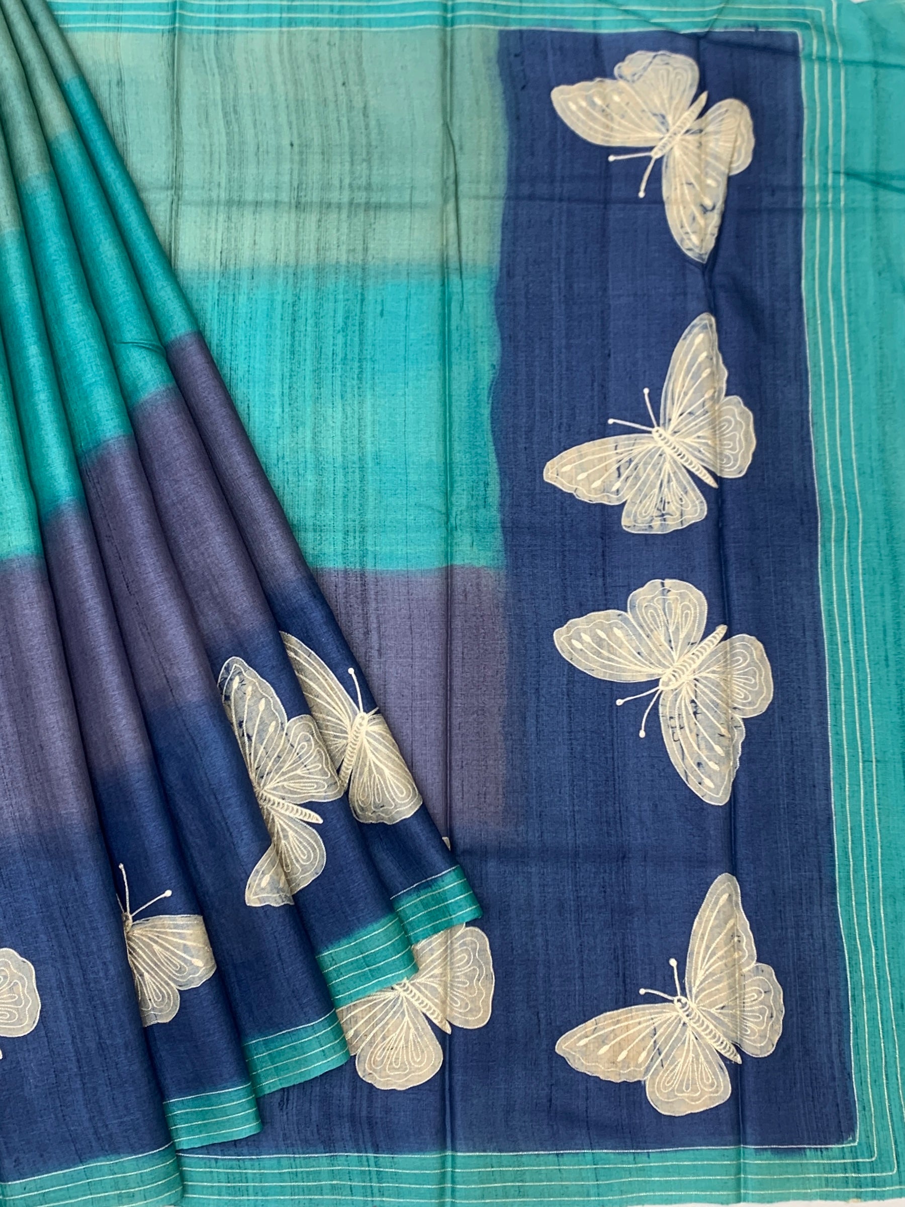 Enchanted Indigo & Teal: Whimsical Butterfly Printed Tussar Silk Saree