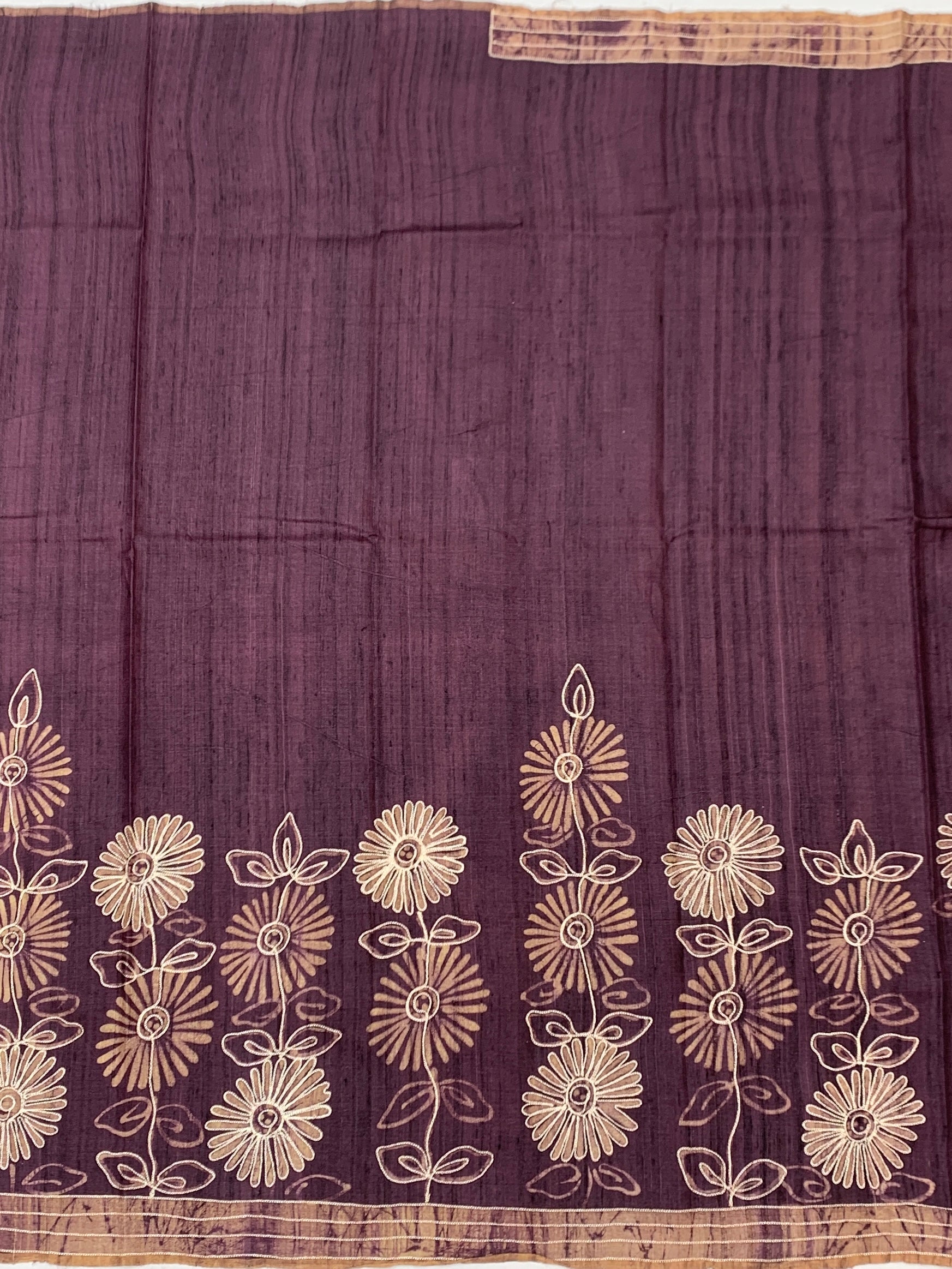 Aubergine Elegance: Botanical Bloom Printed Tussore Silk Saree