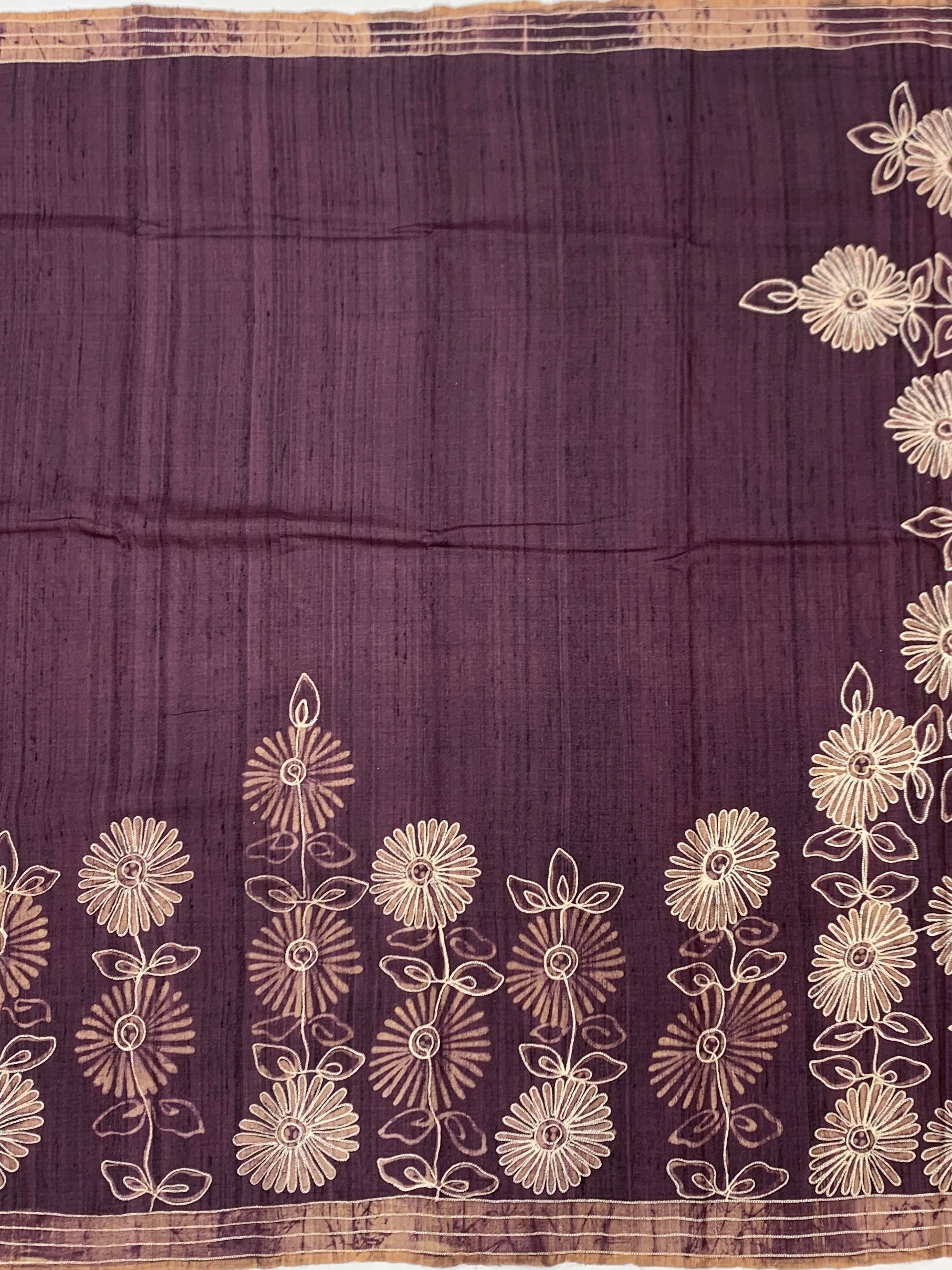 Aubergine Elegance: Botanical Bloom Printed Tussore Silk Saree