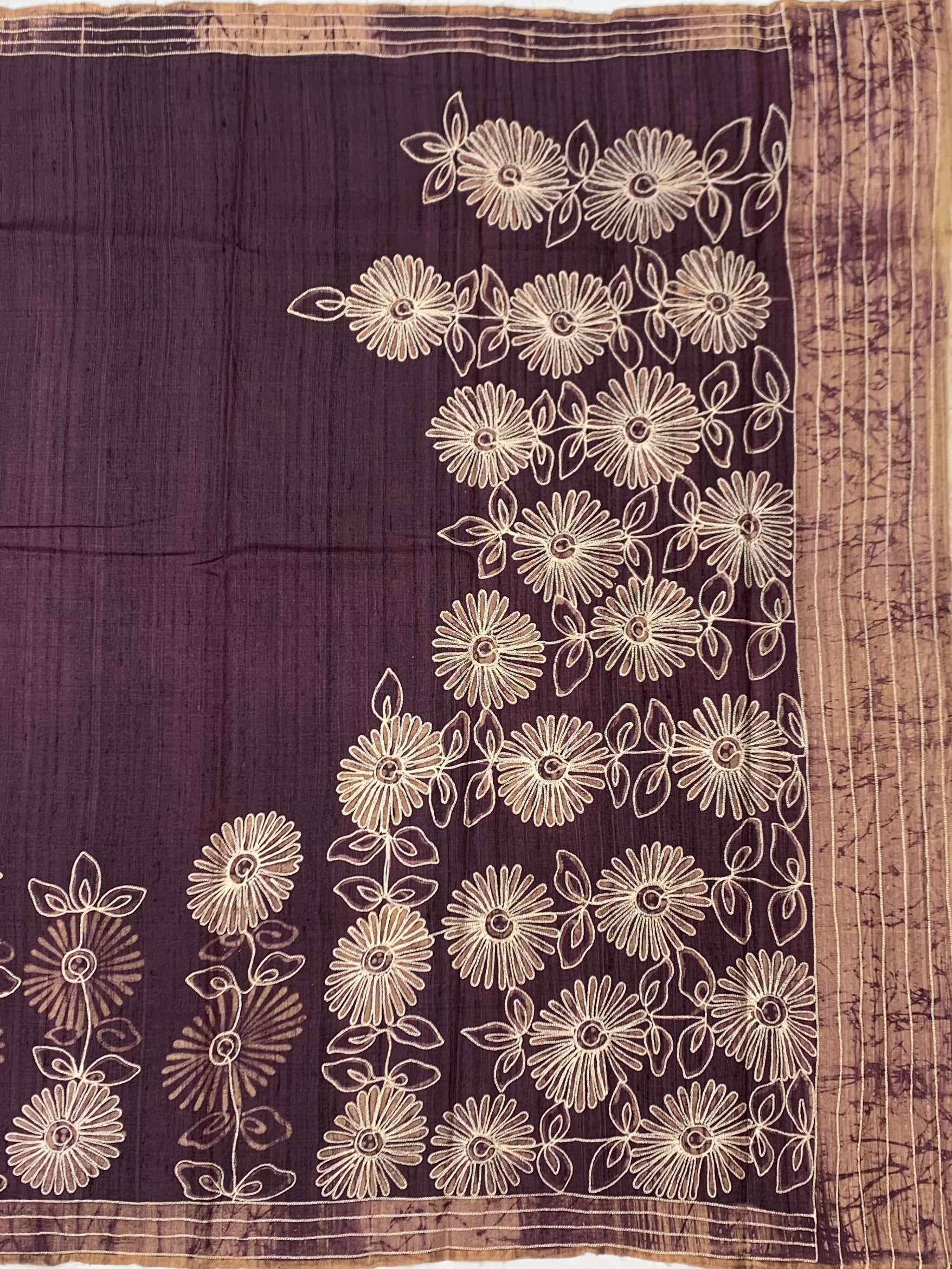 Aubergine Elegance: Botanical Bloom Printed Tussore Silk Saree