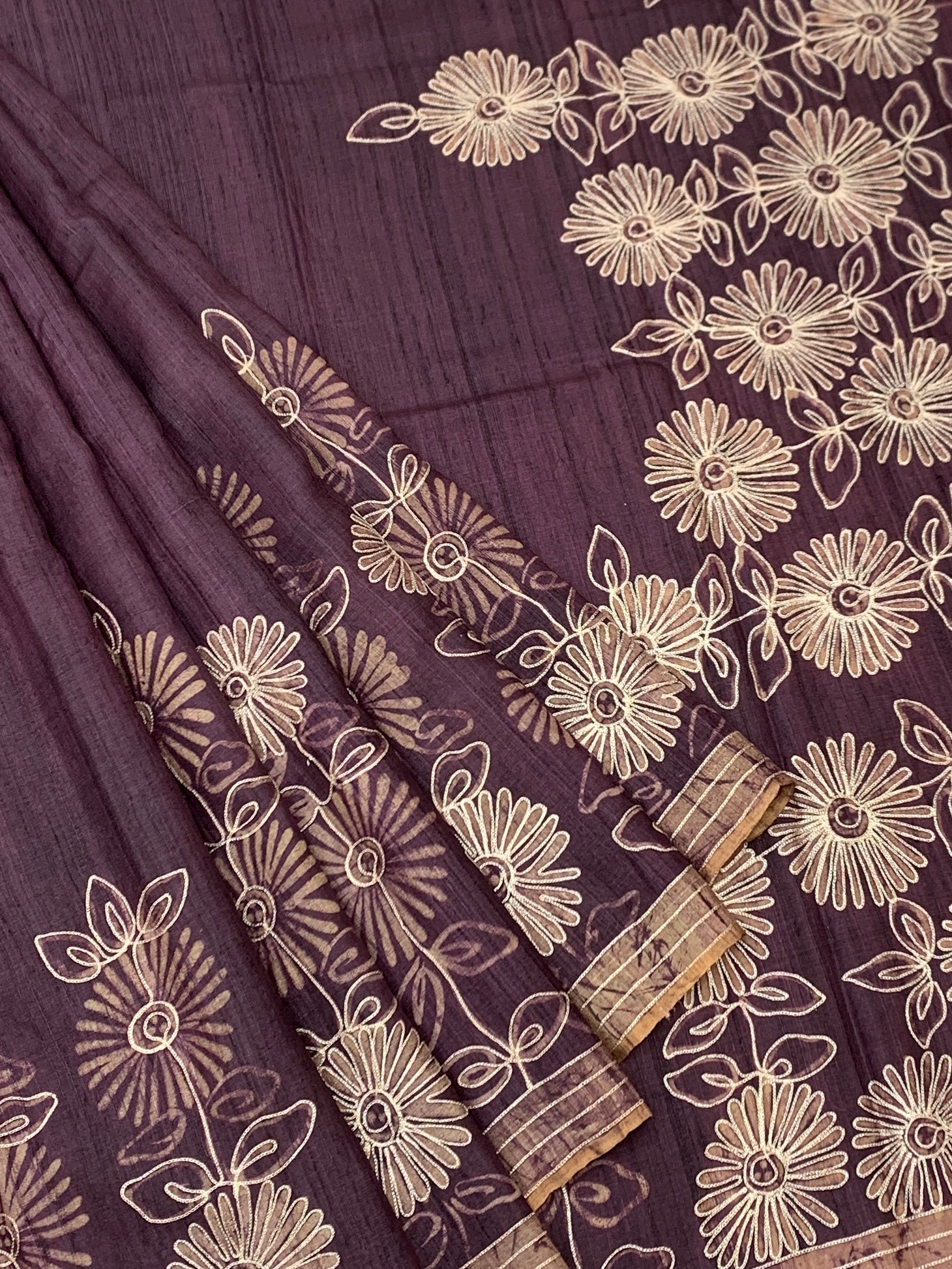 Aubergine Elegance: Botanical Bloom Printed Tussore Silk Saree