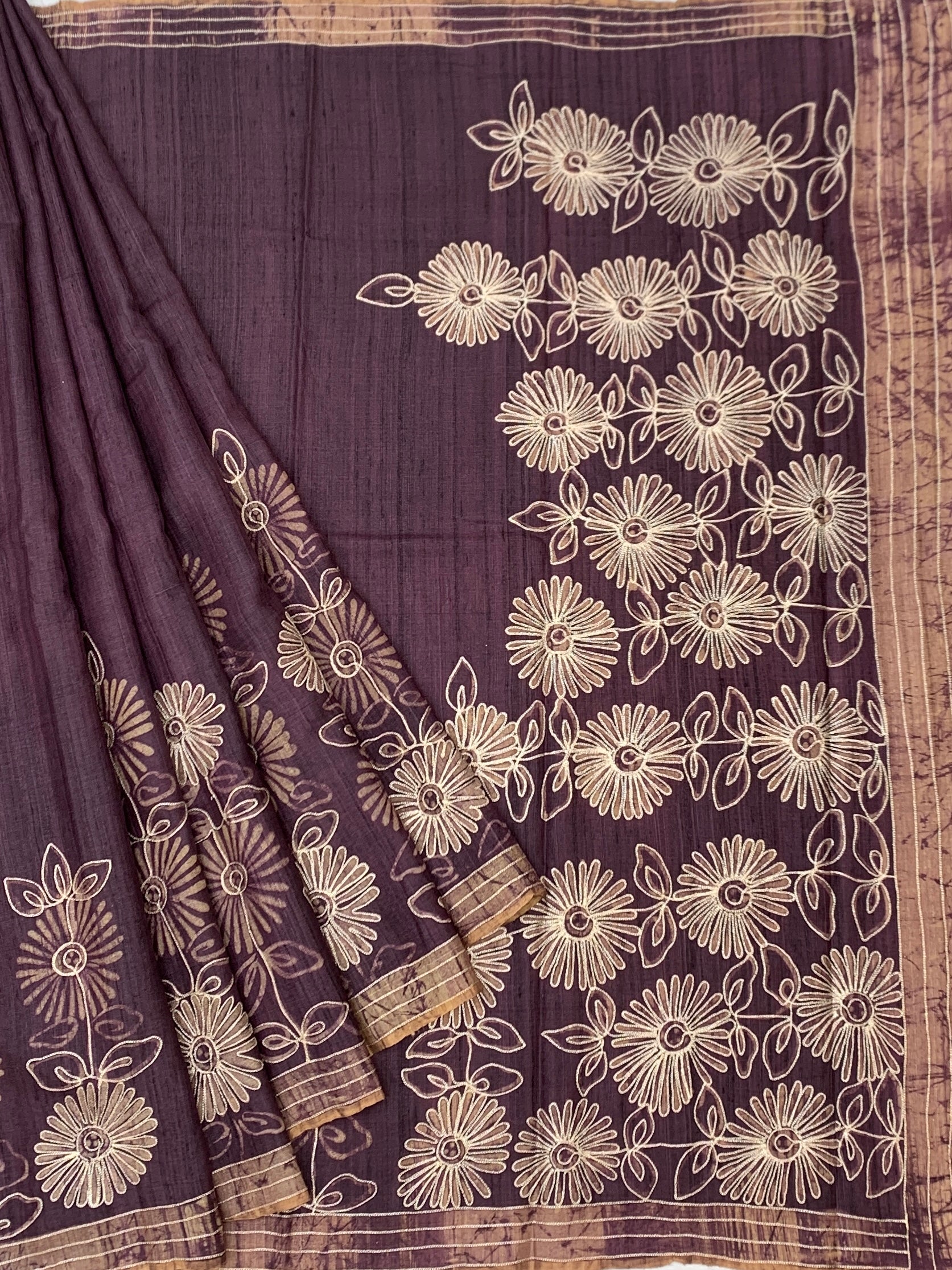 Aubergine Elegance: Botanical Bloom Printed Tussore Silk Saree