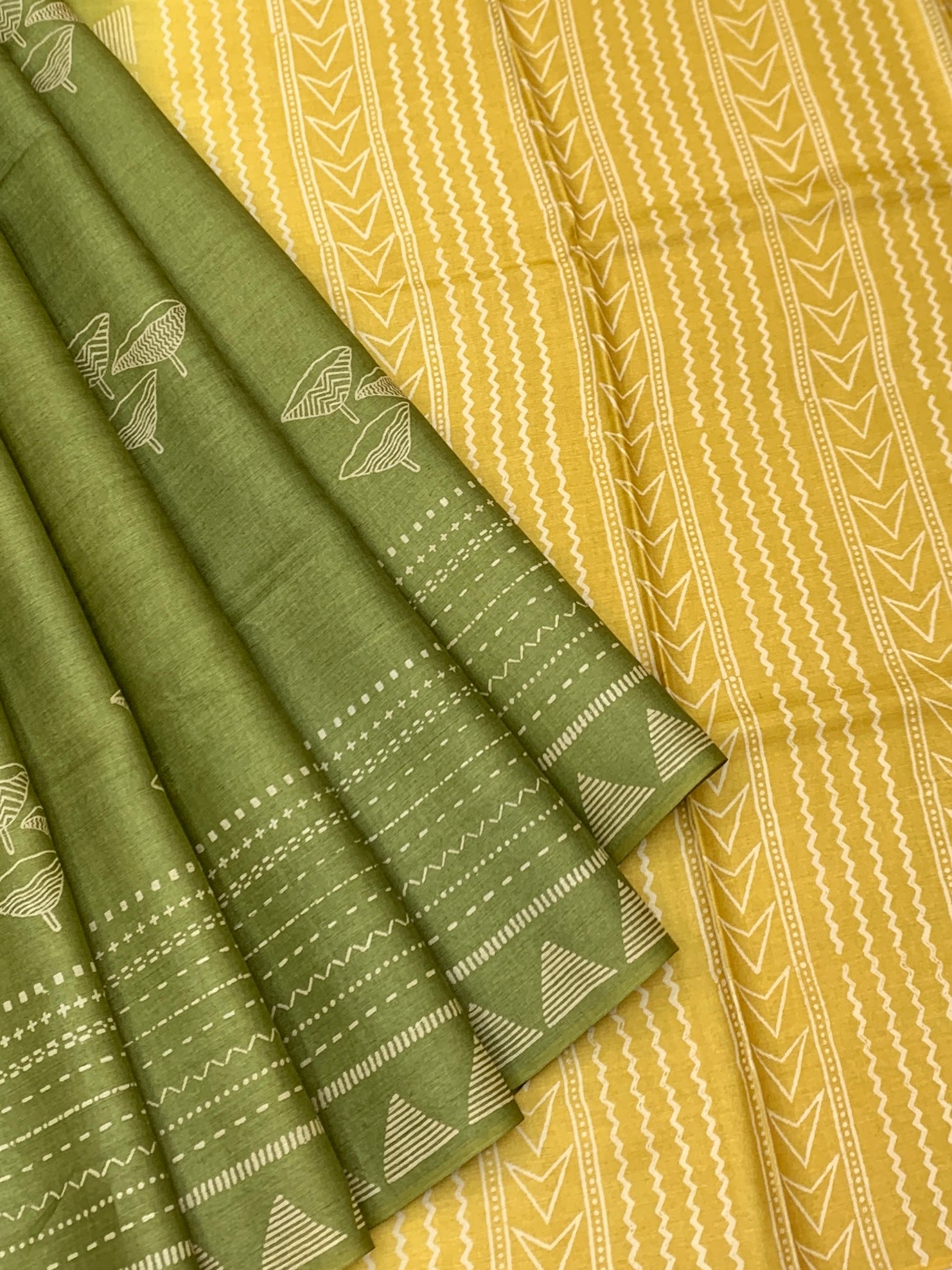 Earthy Sage and Mustard: Contemporary Printed Tussore Saree
