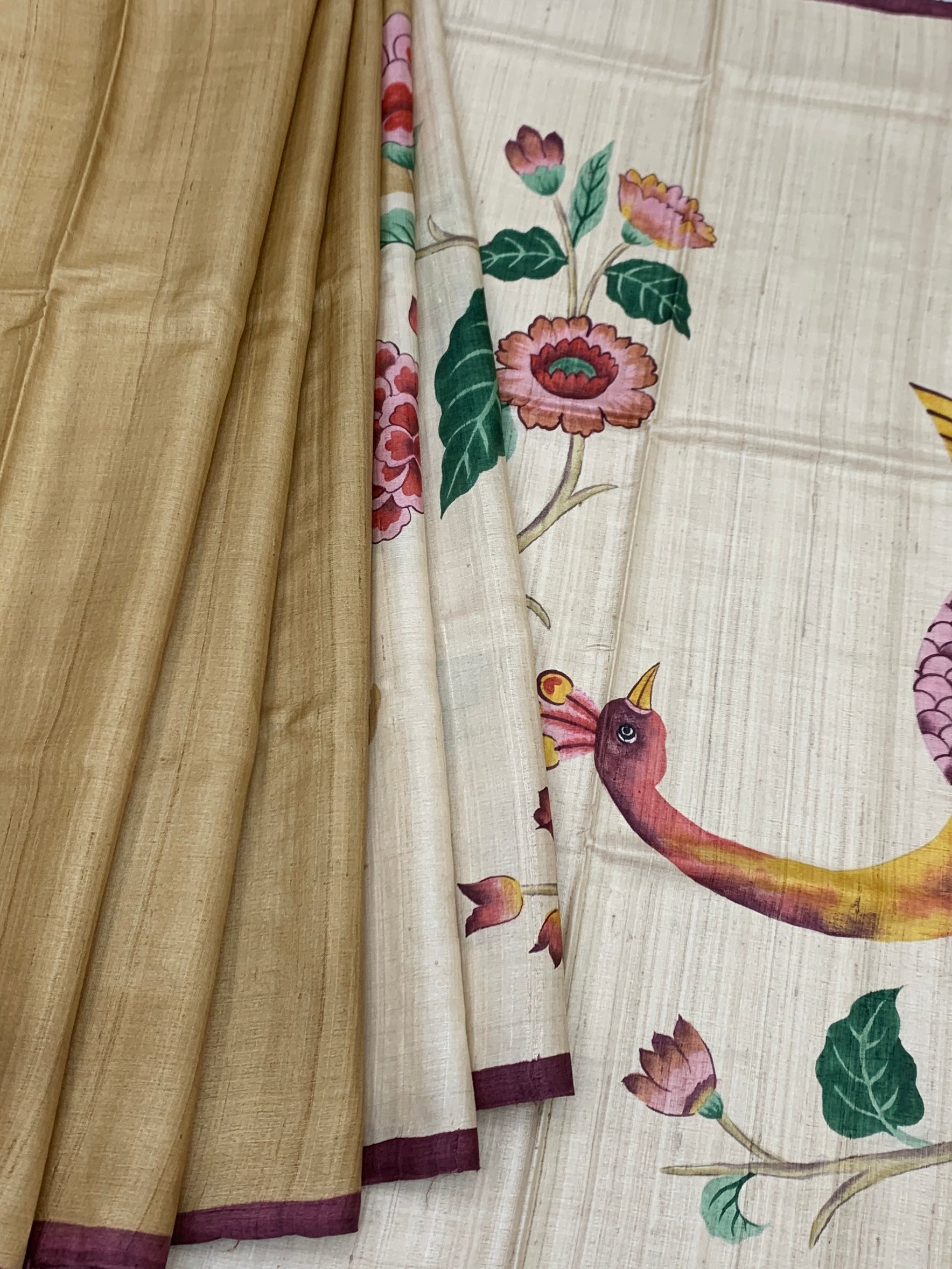 Regal Mayil: Artistic Pen-Kalamkari Style Tussore Printed Saree