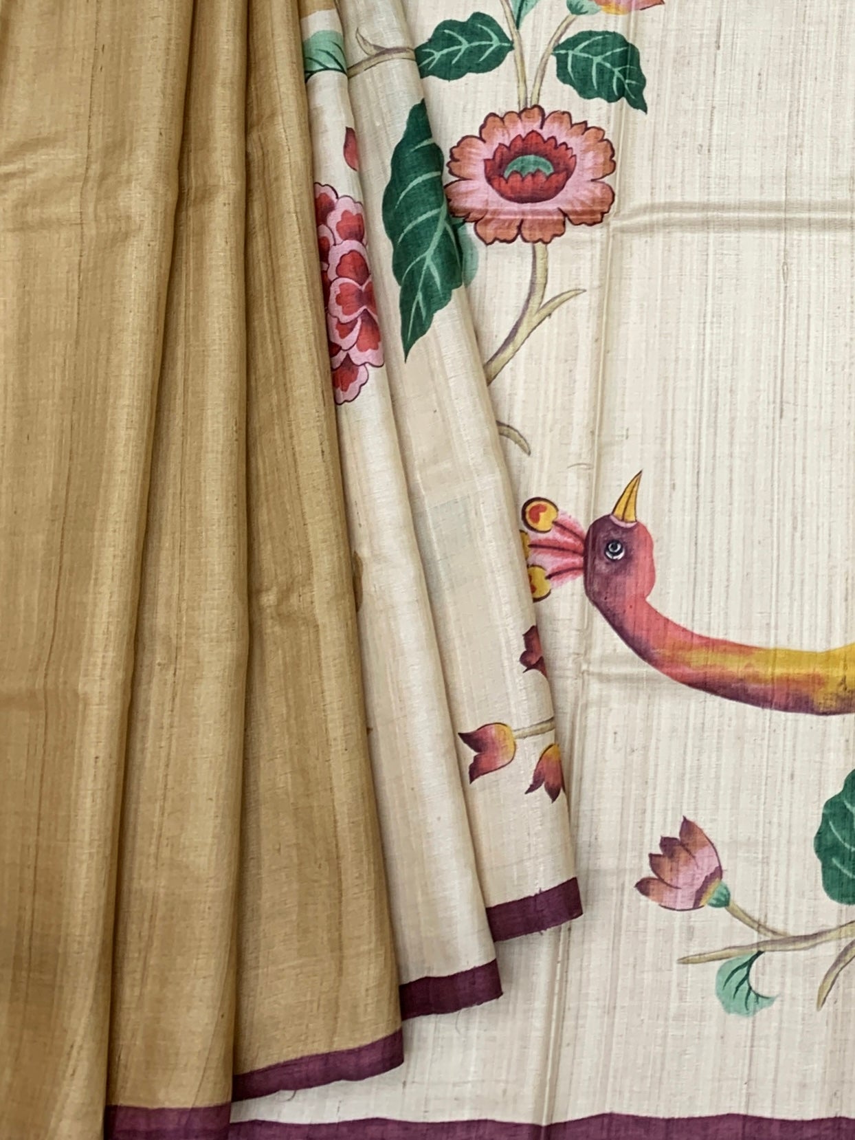 Regal Mayil: Artistic Pen-Kalamkari Style Tussore Printed Saree
