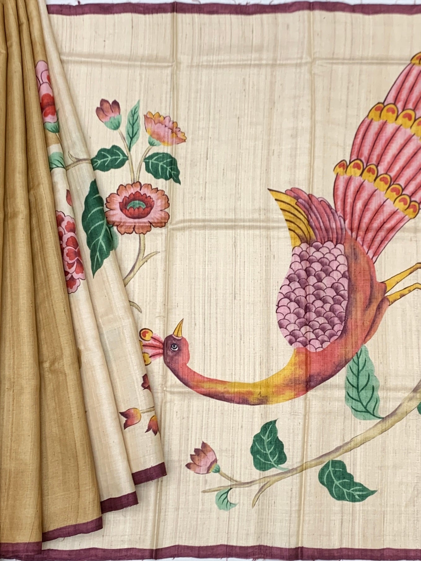 Regal Mayil: Artistic Pen-Kalamkari Style Tussore Printed Saree