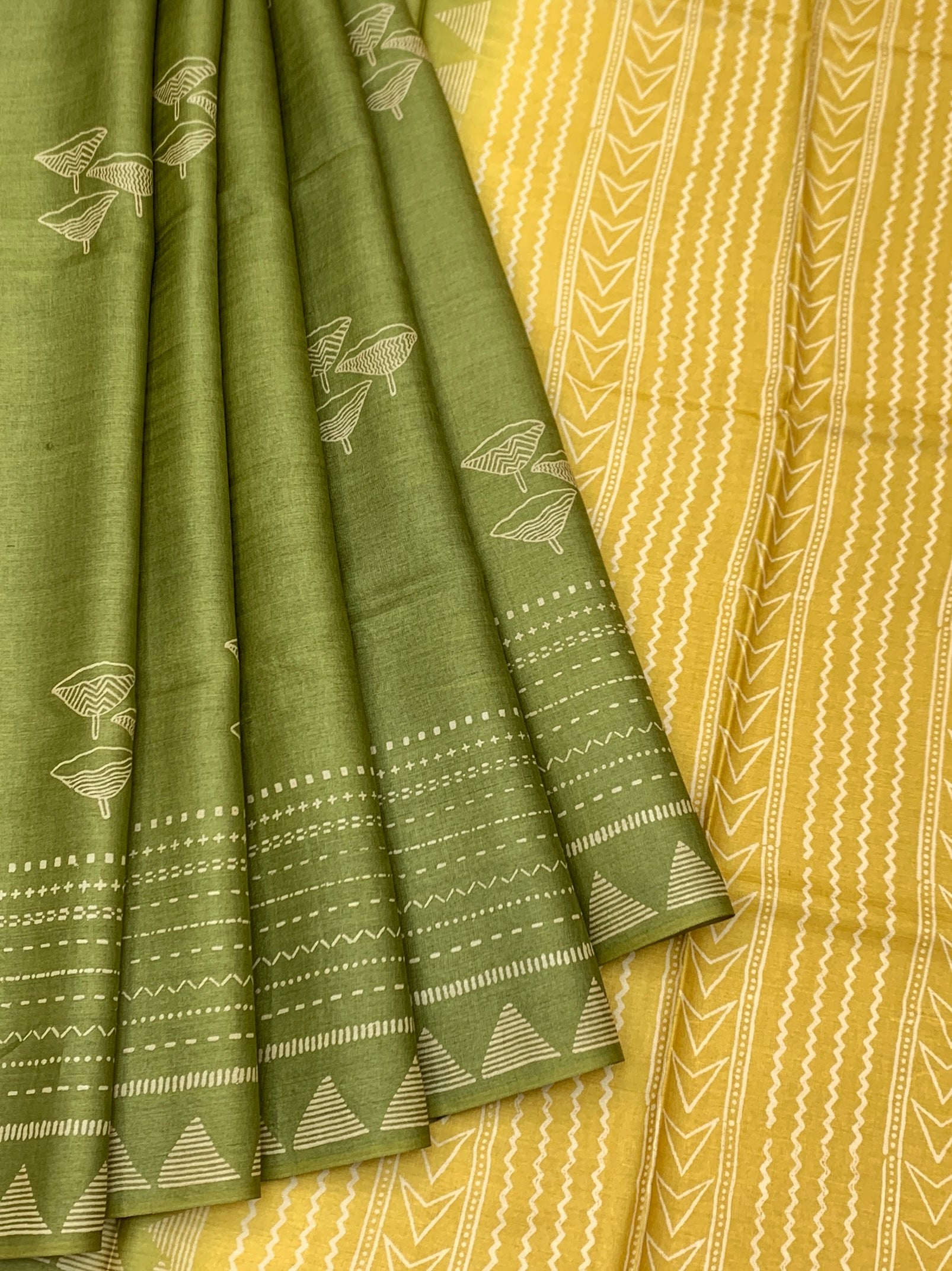 Earthy Sage and Mustard: Contemporary Printed Tussore Saree