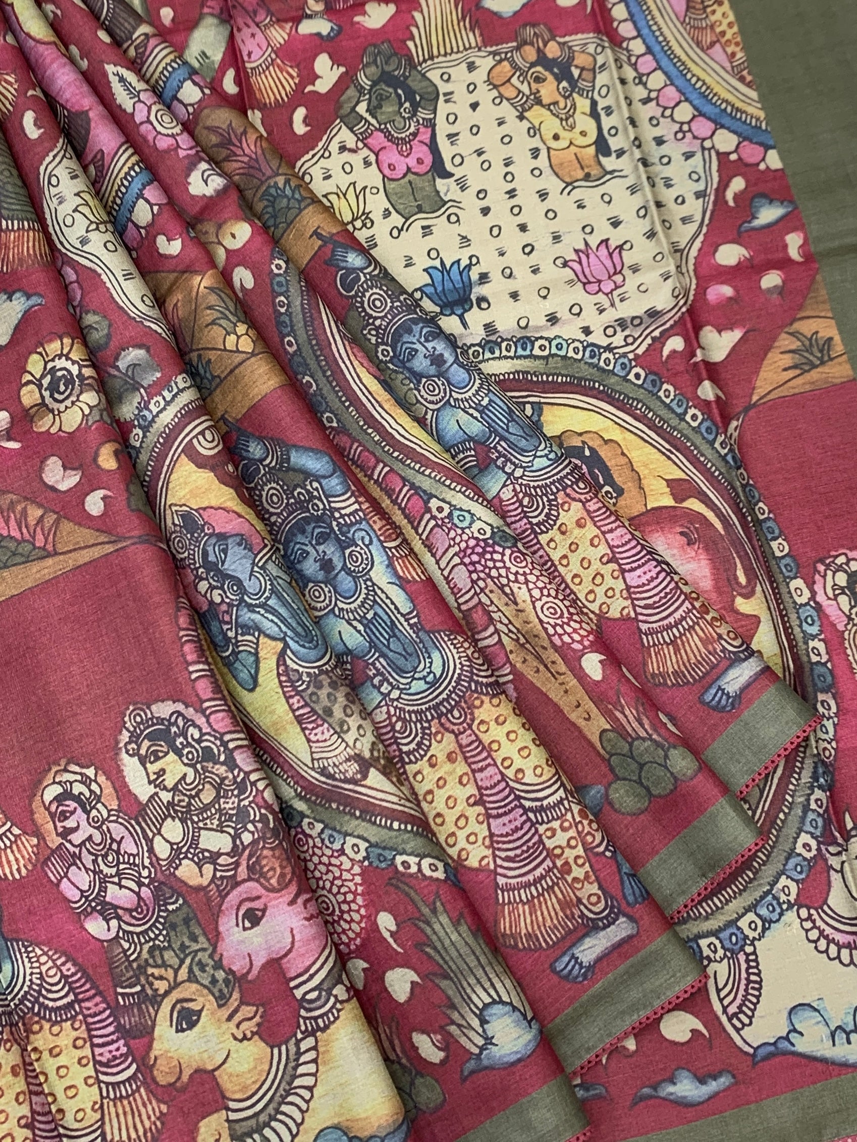 Mythical Heritage: Kalamkari Narrative Printed Tussore Saree