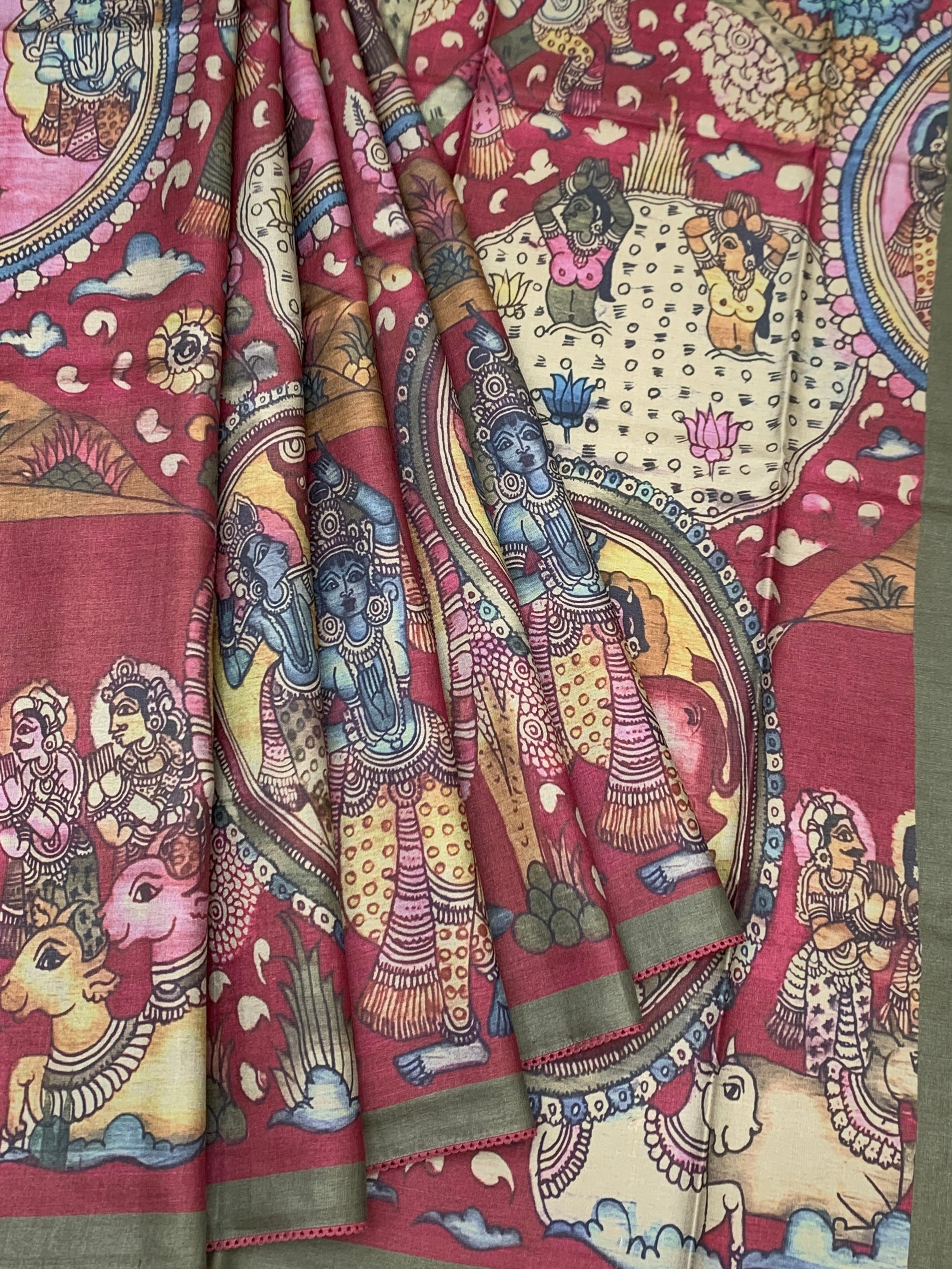 Mythical Heritage: Kalamkari Narrative Printed Tussore Saree