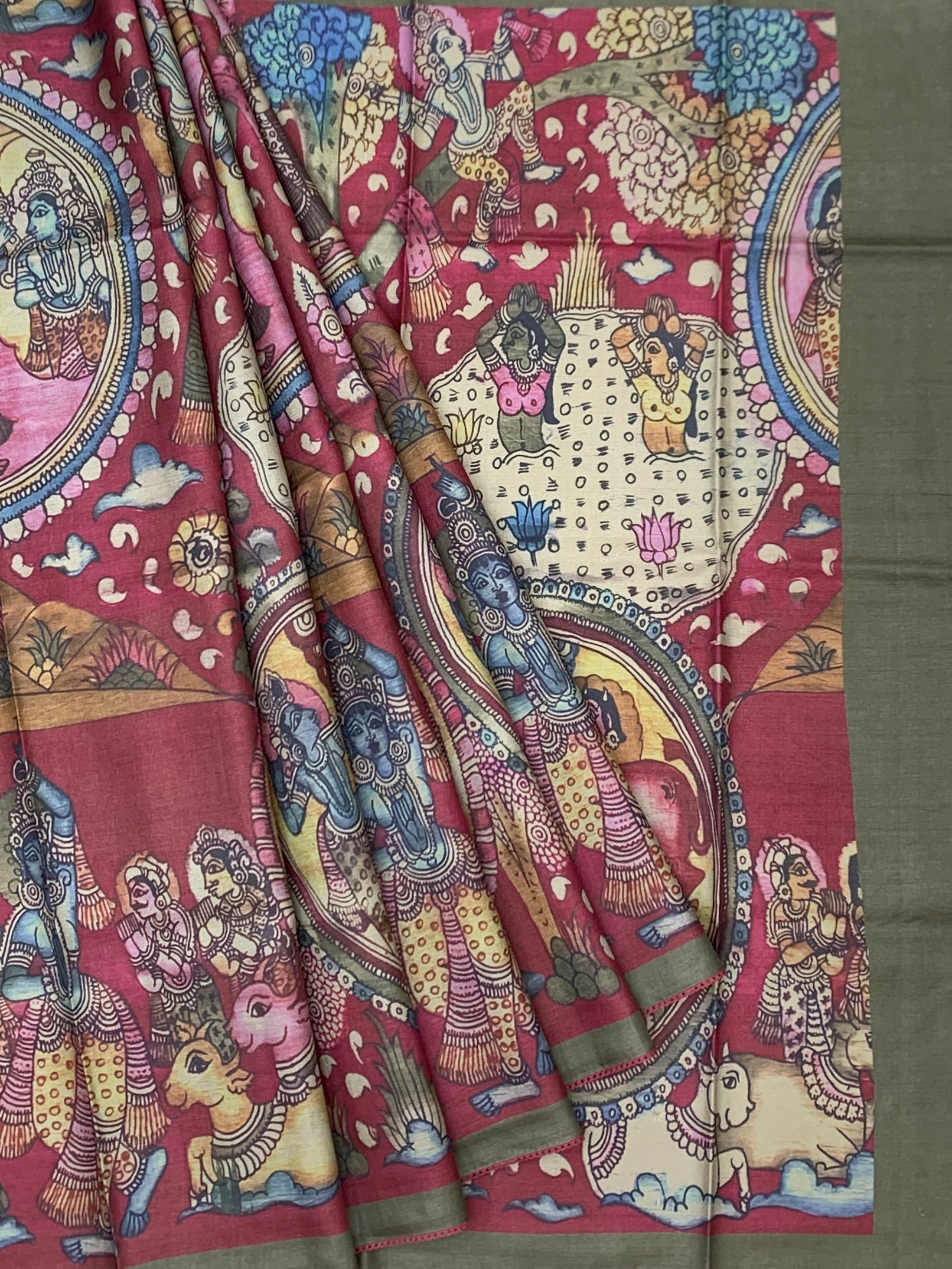 Mythical Heritage: Kalamkari Narrative Printed Tussore Saree