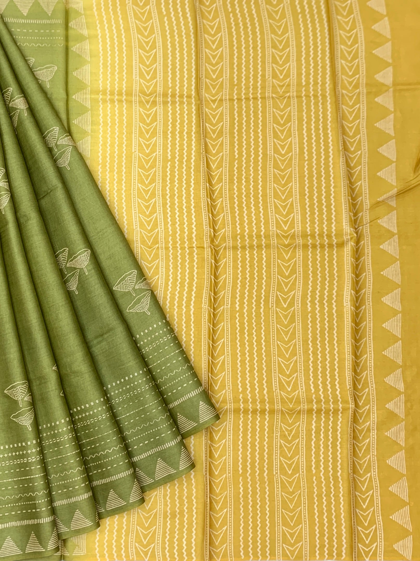 Earthy Sage and Mustard: Contemporary Printed Tussore Saree