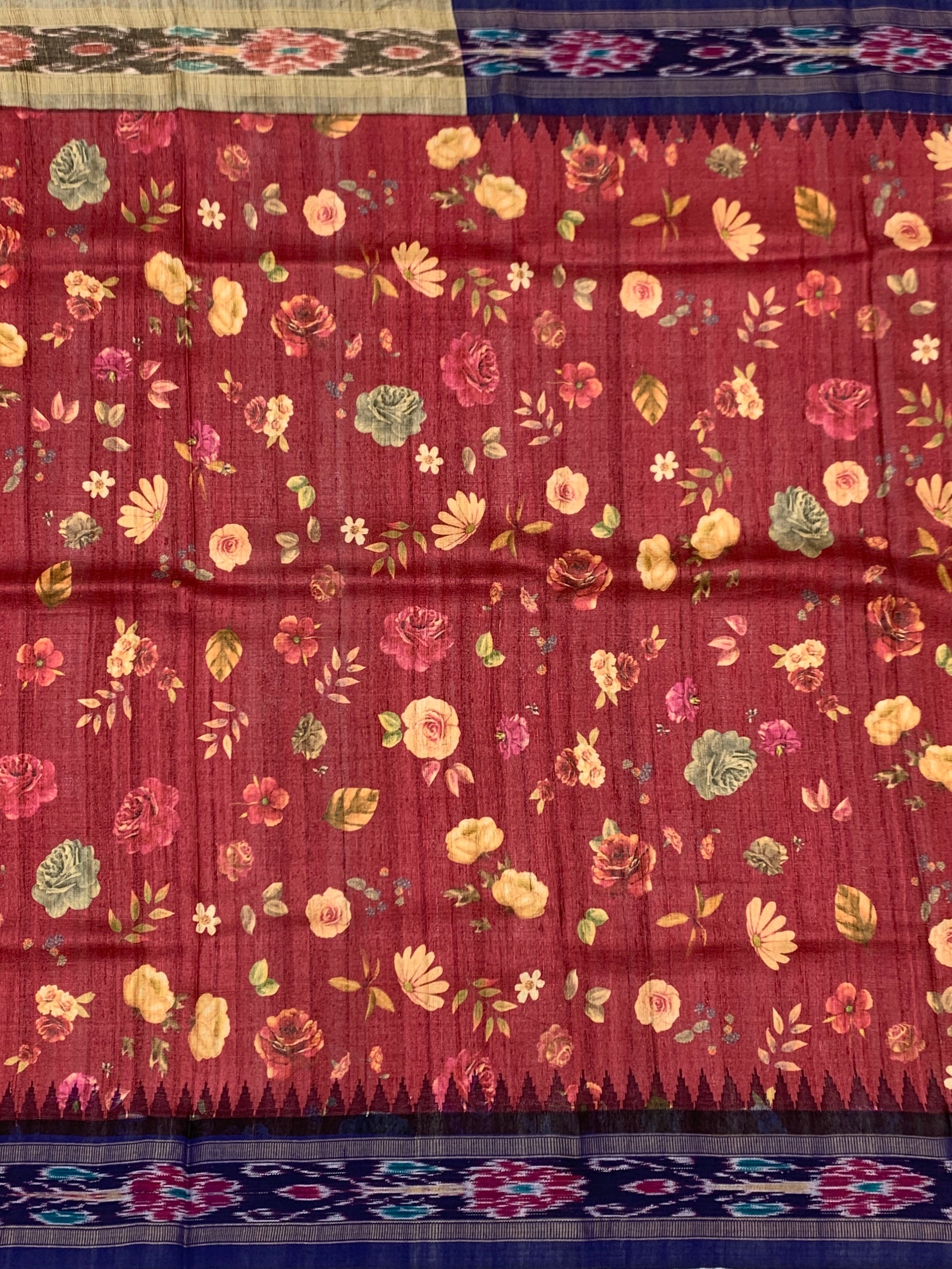 Vintage Monochrome & Rust: Artisan Printed Tussore Silk Saree