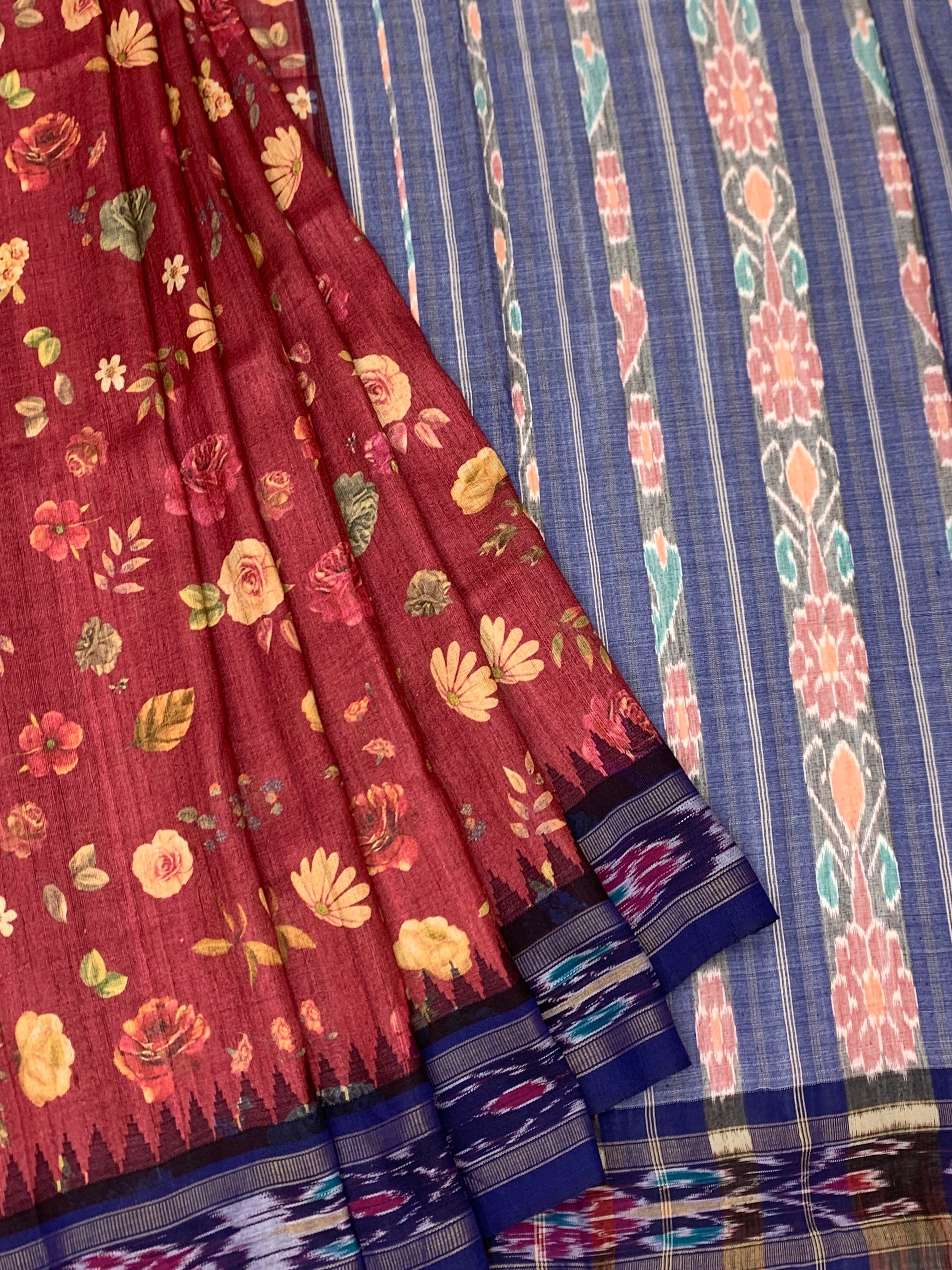 Vintage Monochrome & Rust: Artisan Printed Tussore Silk Saree