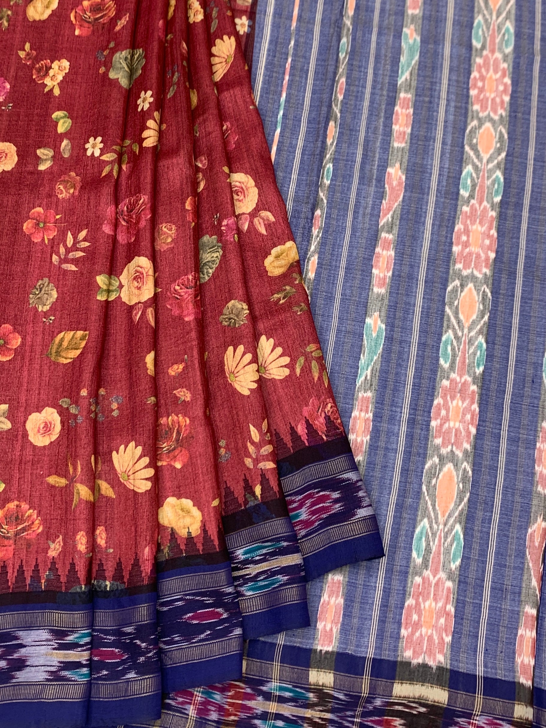 Vintage Monochrome & Rust: Artisan Printed Tussore Silk Saree