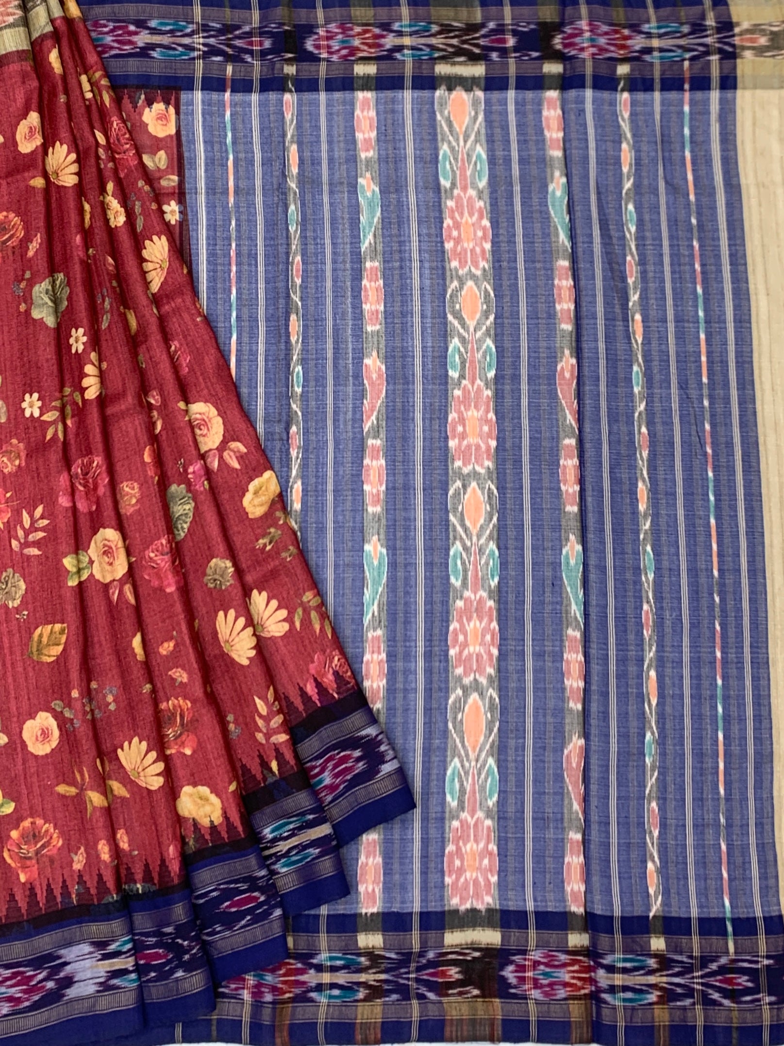 Vintage Monochrome & Rust: Artisan Printed Tussore Silk Saree