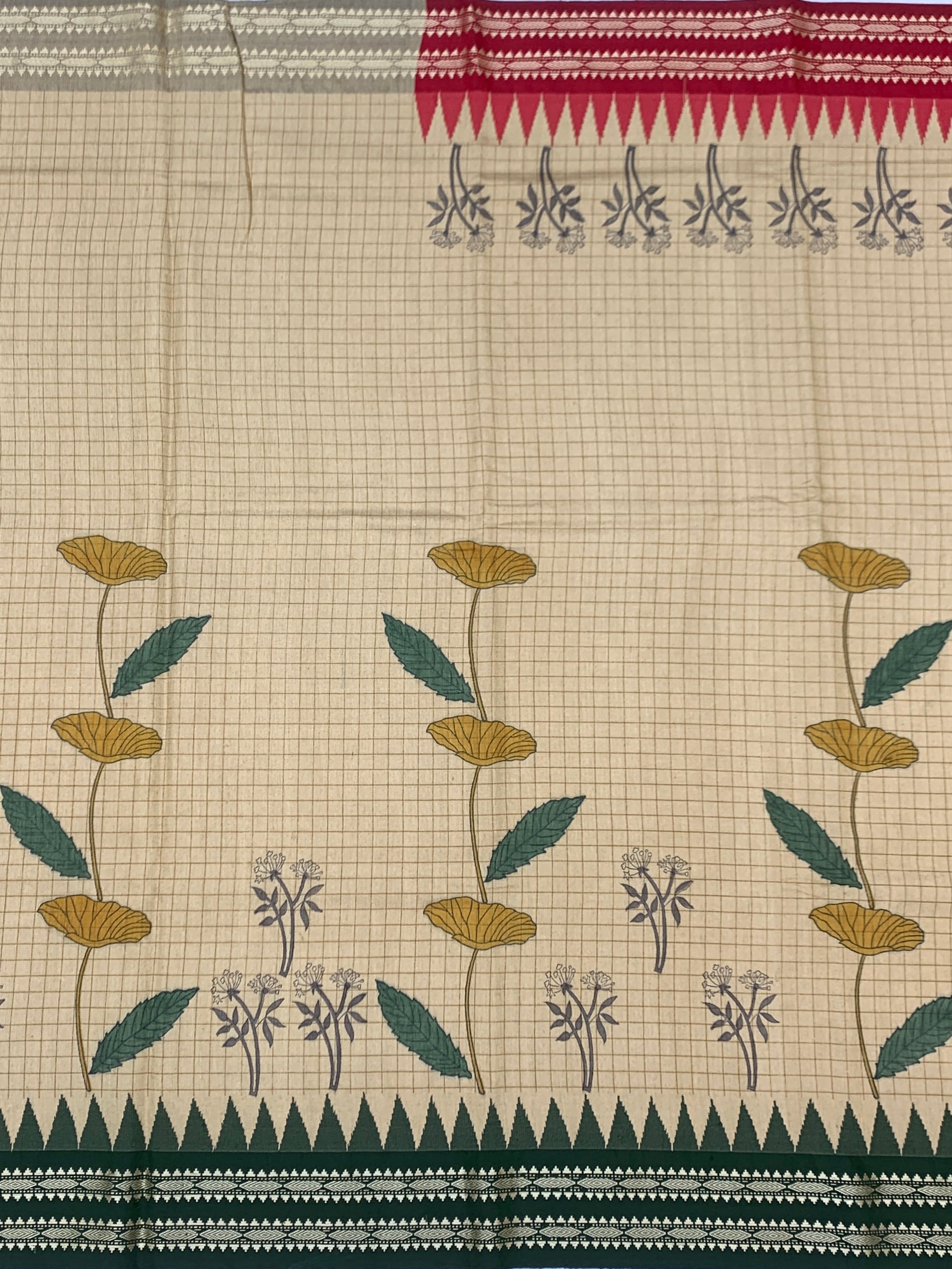 Nature's Geometry: Floral Tussore Printed Silk Saree with Temple Accents
