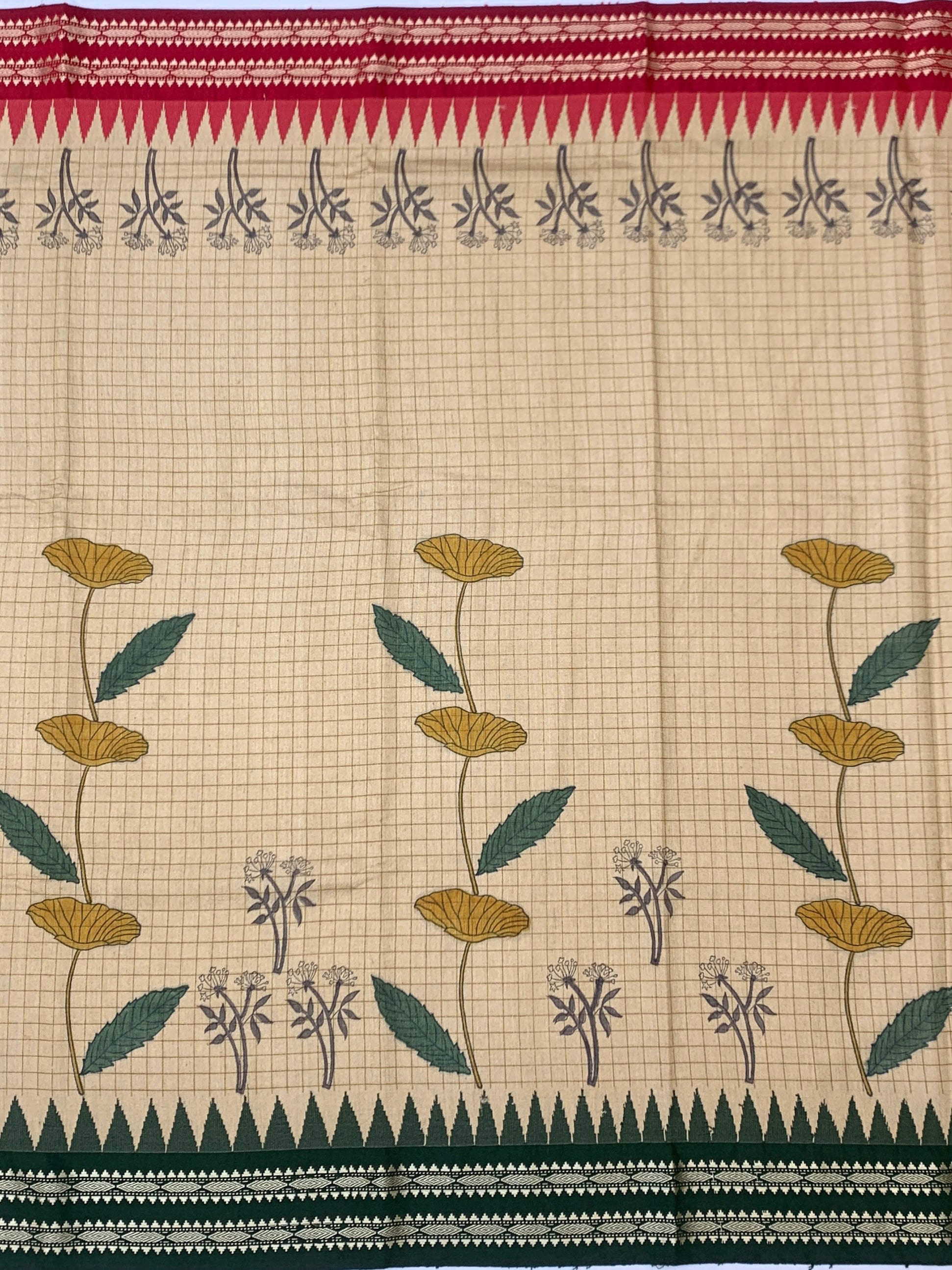 Nature's Geometry: Floral Tussore Printed Silk Saree with Temple Accents