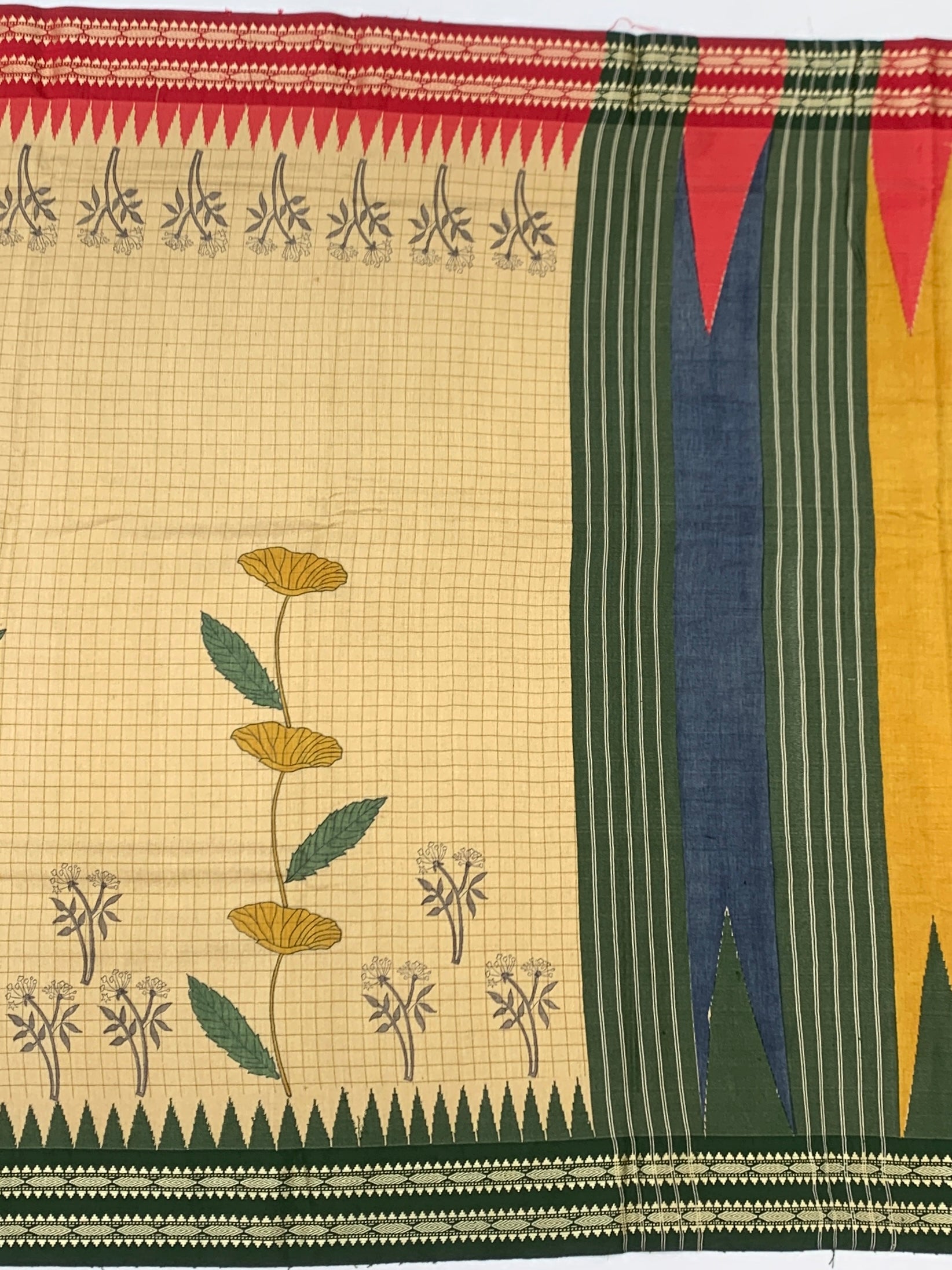 Nature's Geometry: Floral Tussore Printed Silk Saree with Temple Accents
