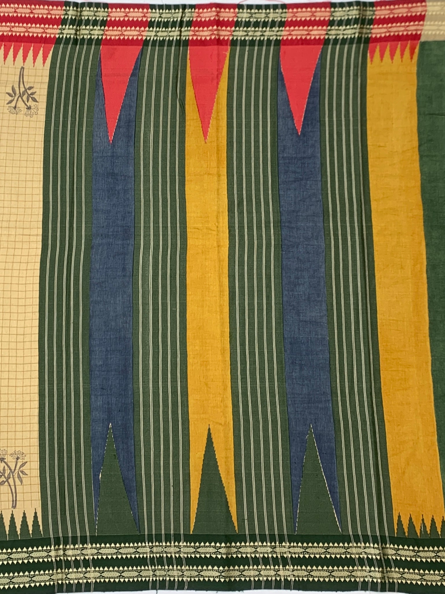 Nature's Geometry: Floral Tussore Printed Silk Saree with Temple Accents