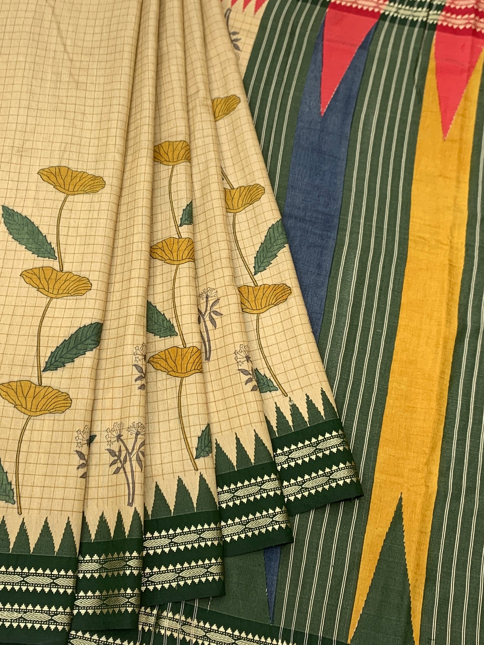 Nature's Geometry: Floral Tussore Printed Silk Saree with Temple Accents