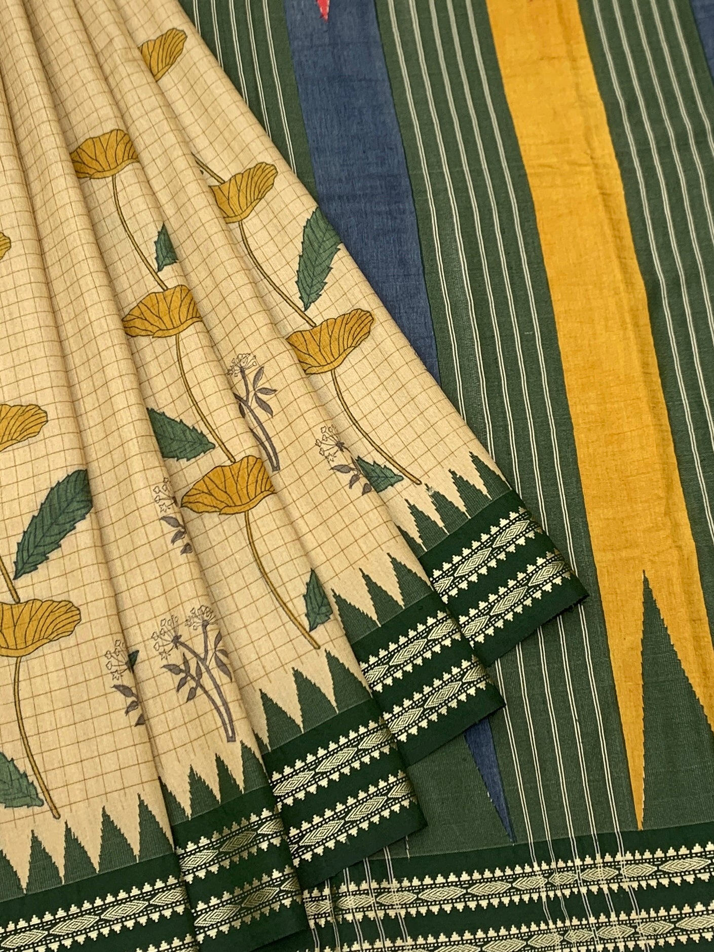 Nature's Geometry: Floral Tussore Printed Silk Saree with Temple Accents