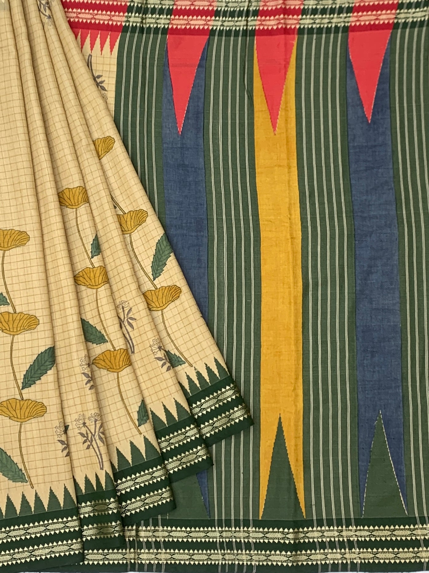 Nature's Geometry: Floral Tussore Printed Silk Saree with Temple Accents