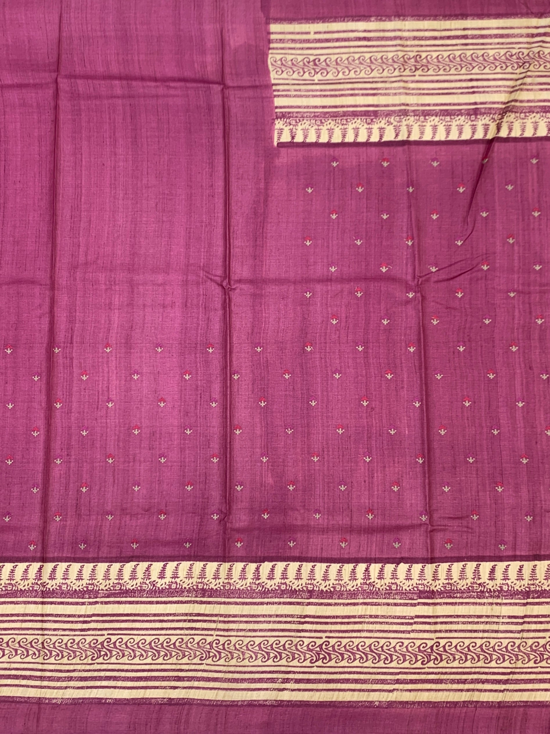 Berry Mauve & Cream: Traditional Printed Tussore Silk Saree