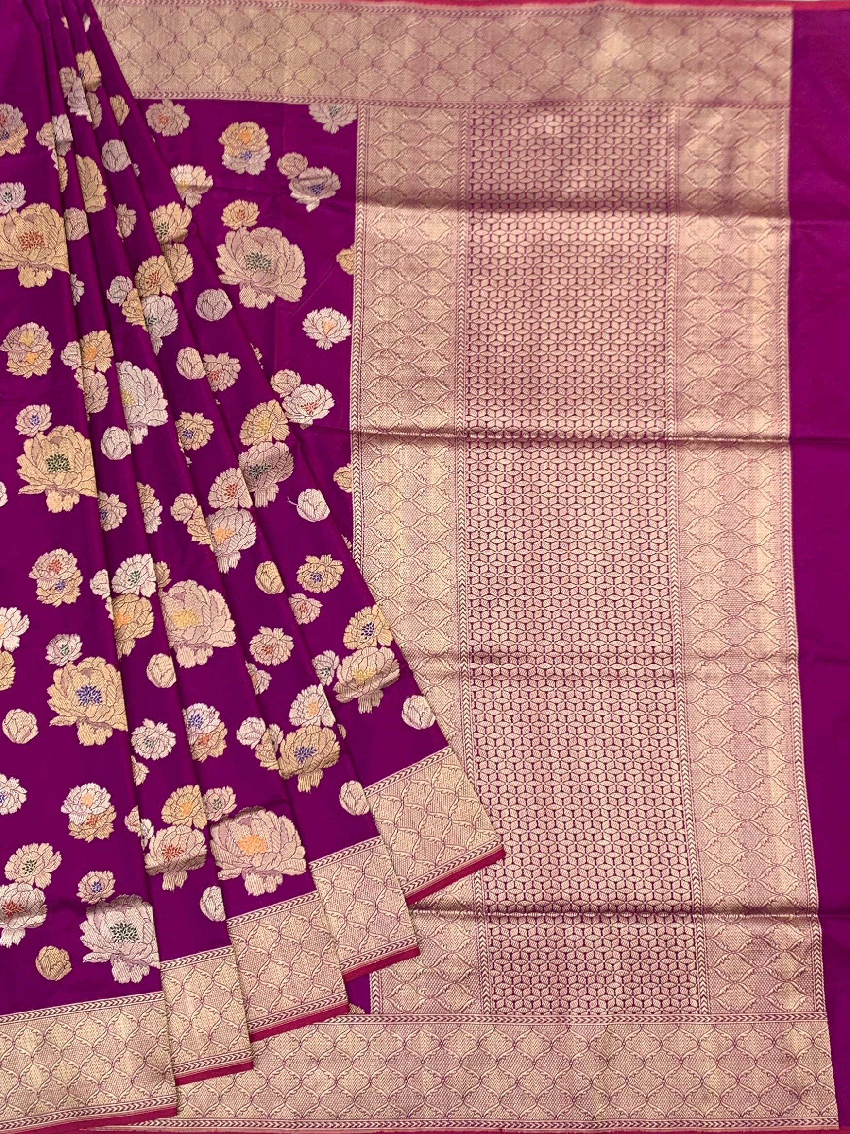 Royal Bloom: Plum & Gold Floral Brocade Banarasi Silk Saree