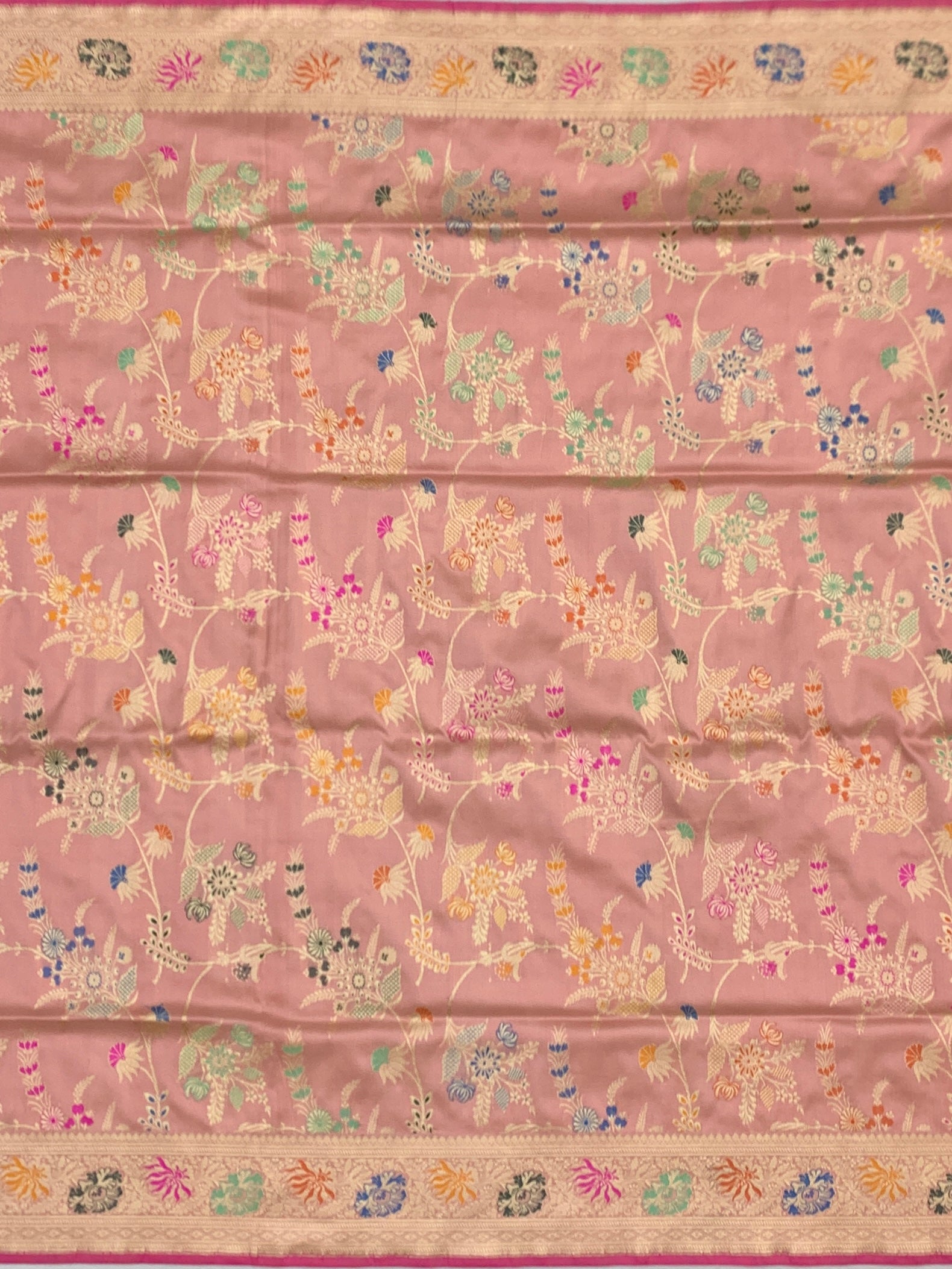 Roseate Splendor: Silver Zari & Meenakari Floral Banarasi Silk Saree