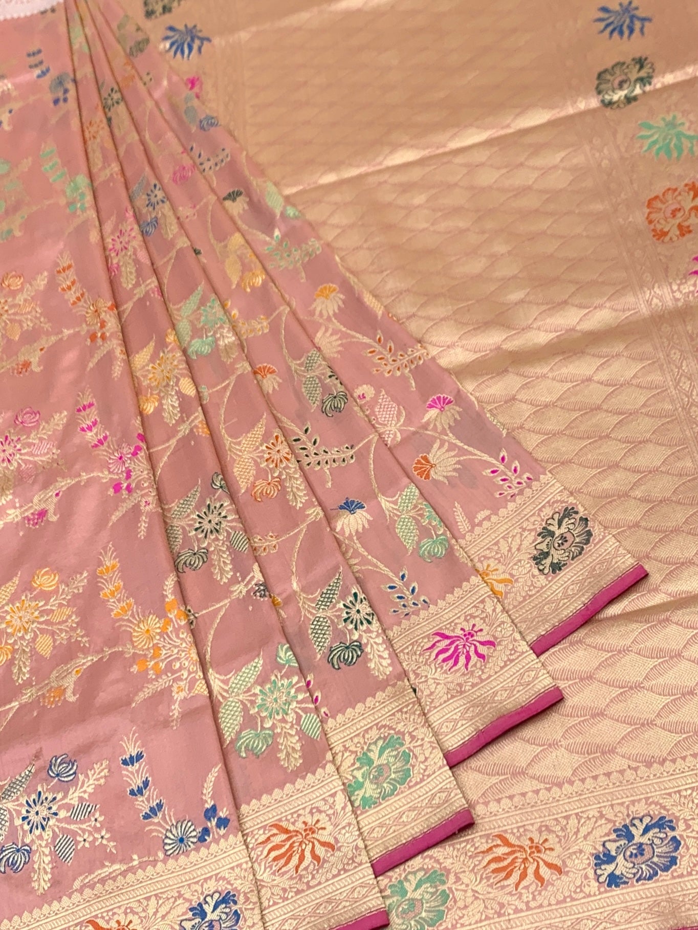 Roseate Splendor: Silver Zari & Meenakari Floral Banarasi Silk Saree