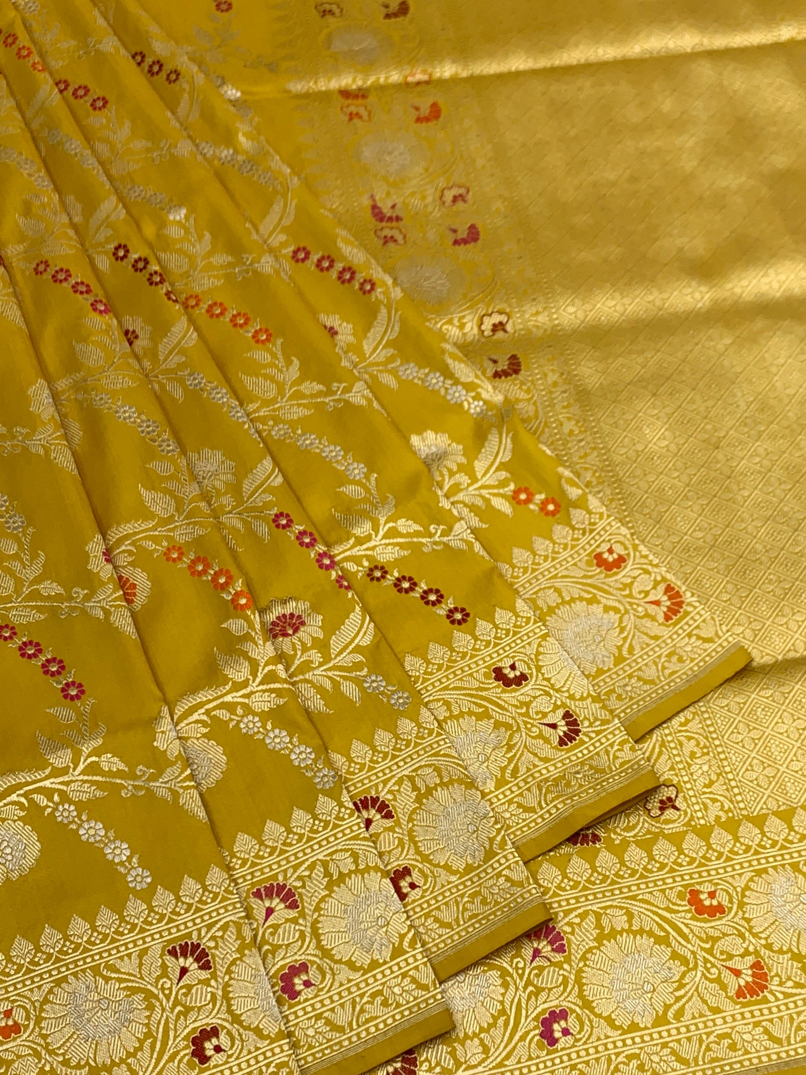 Golden Radiance: Mustard Yellow Meenakari Banarasi Silk Saree