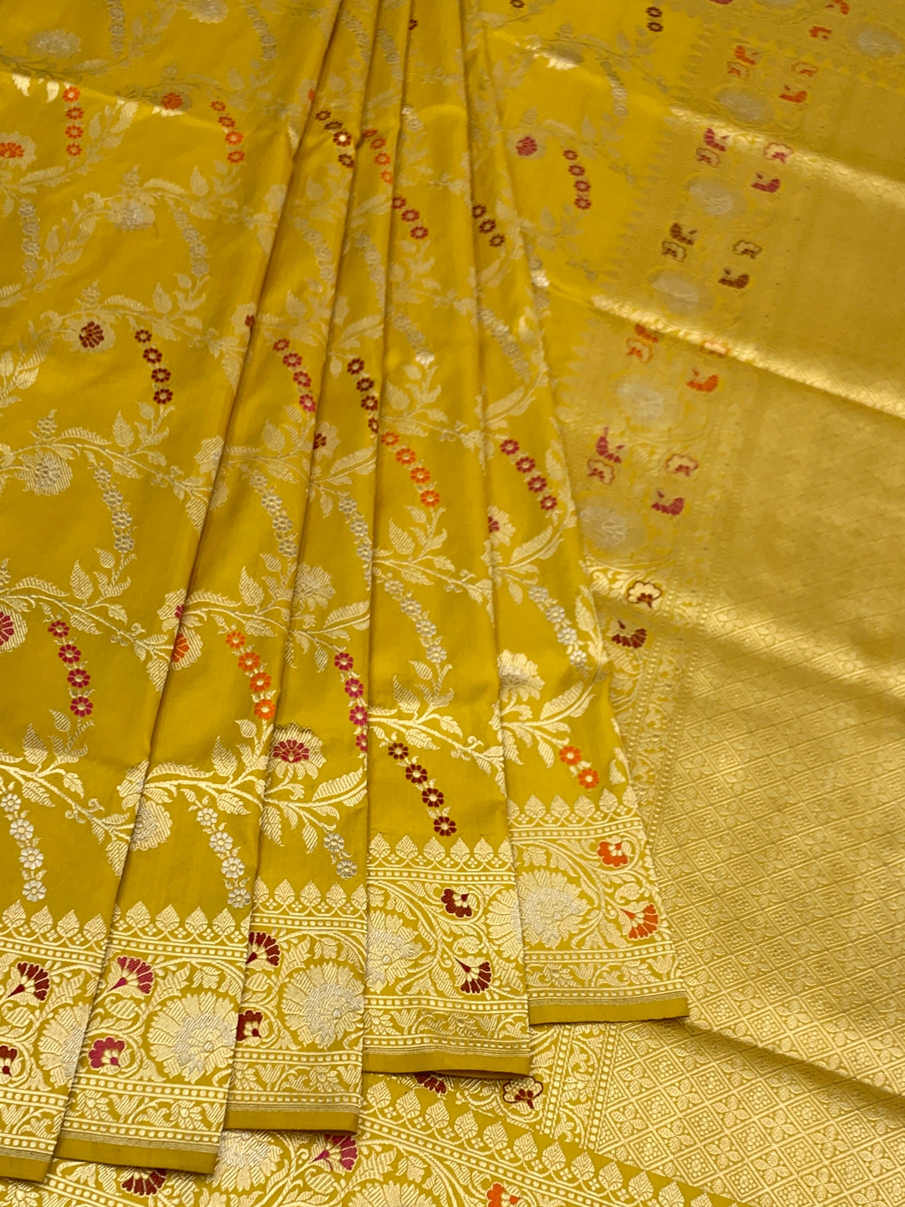 Golden Radiance: Mustard Yellow Meenakari Banarasi Silk Saree