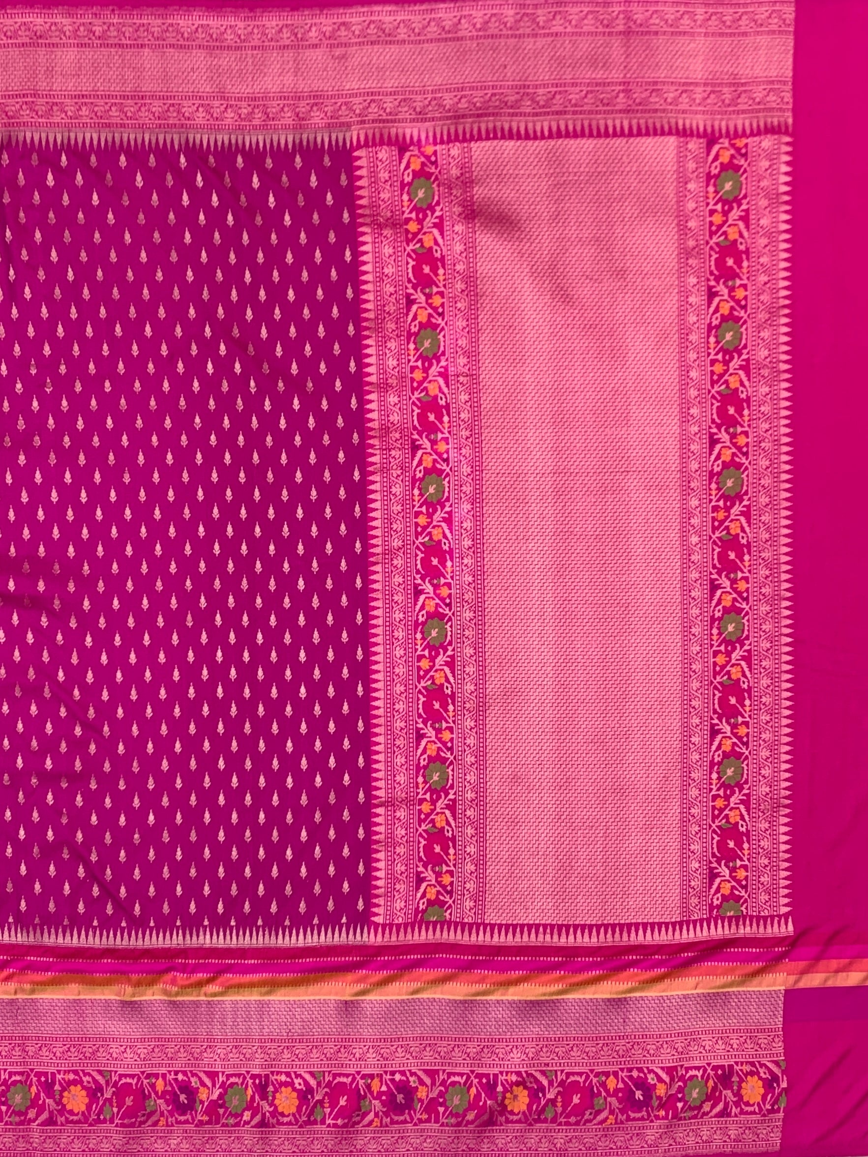 Regal Rani Pink: Zari Butti Banarasi Silk Saree with Meenakari Heritage Borders