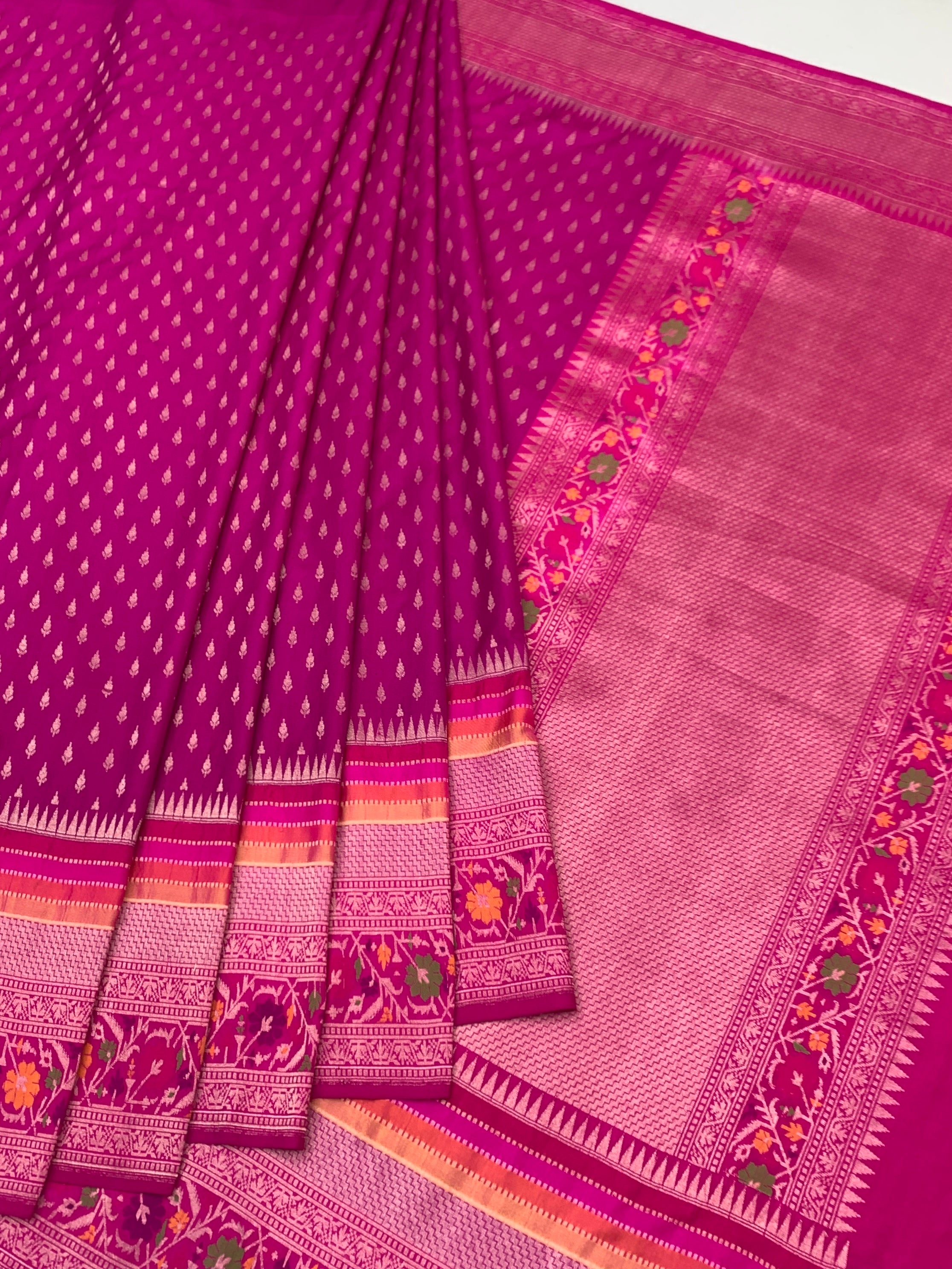 Regal Rani Pink: Zari Butti Banarasi Silk Saree with Meenakari Heritage Borders