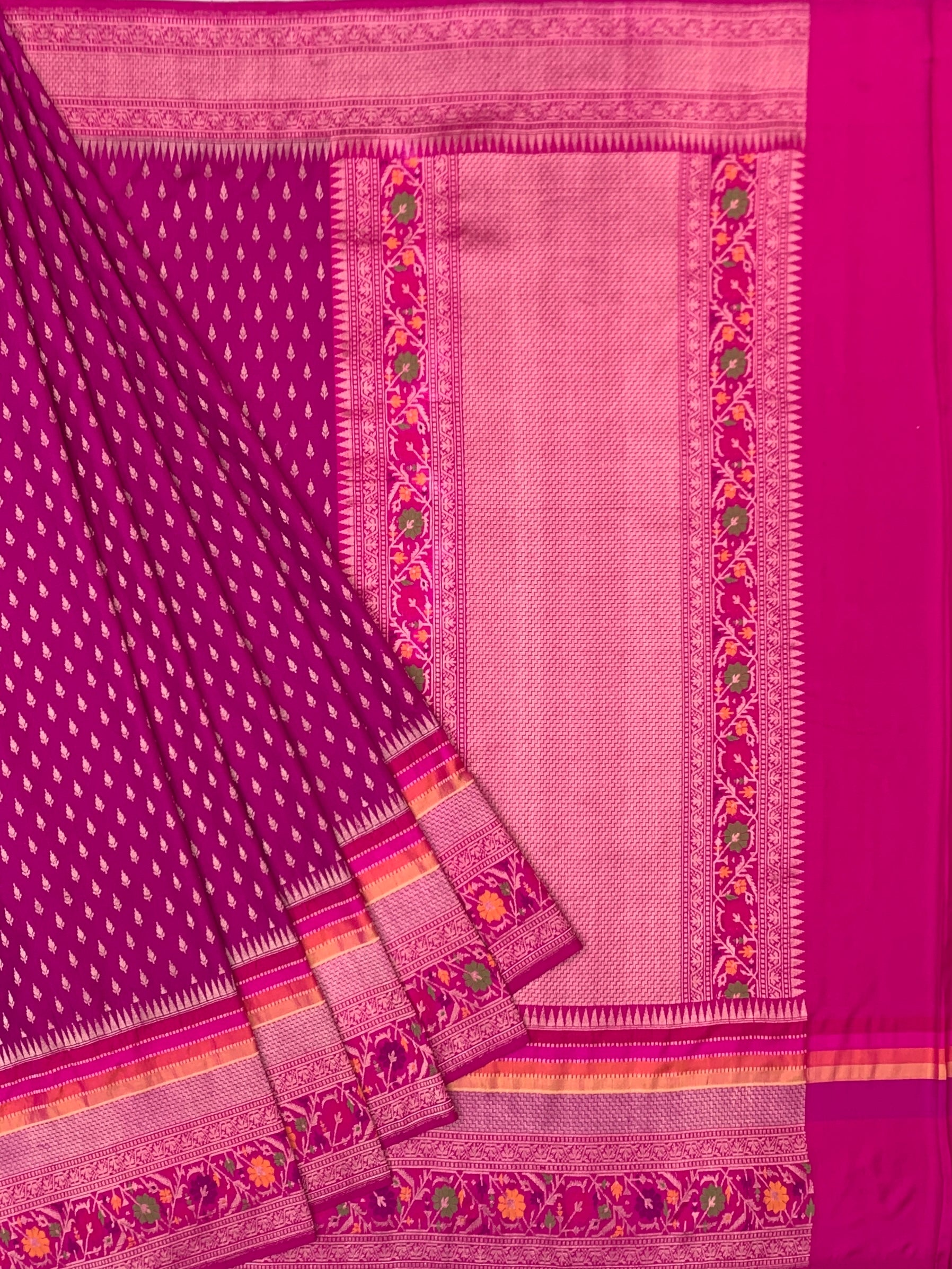 Regal Rani Pink: Zari Butti Banarasi Silk Saree with Meenakari Heritage Borders
