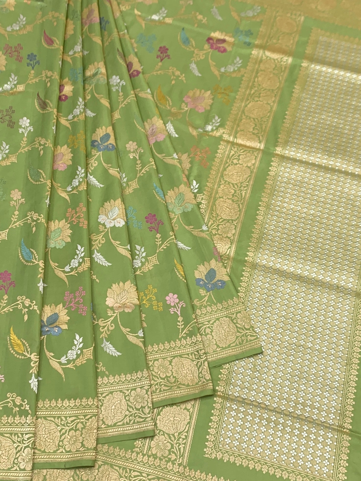 Garden Symphony: Pistachio Green Meenakari Banarasi Silk Saree