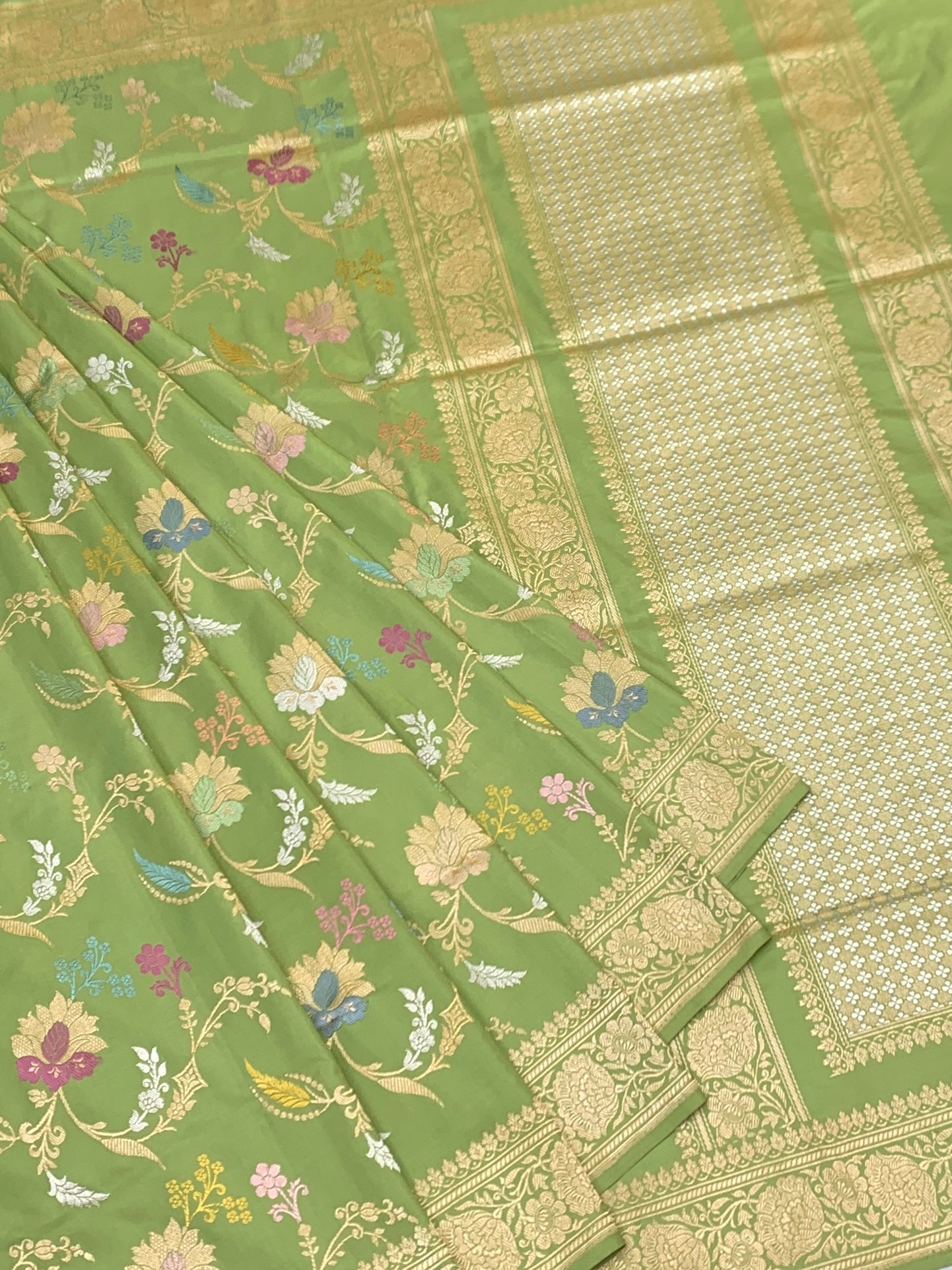 Garden Symphony: Pistachio Green Meenakari Banarasi Silk Saree