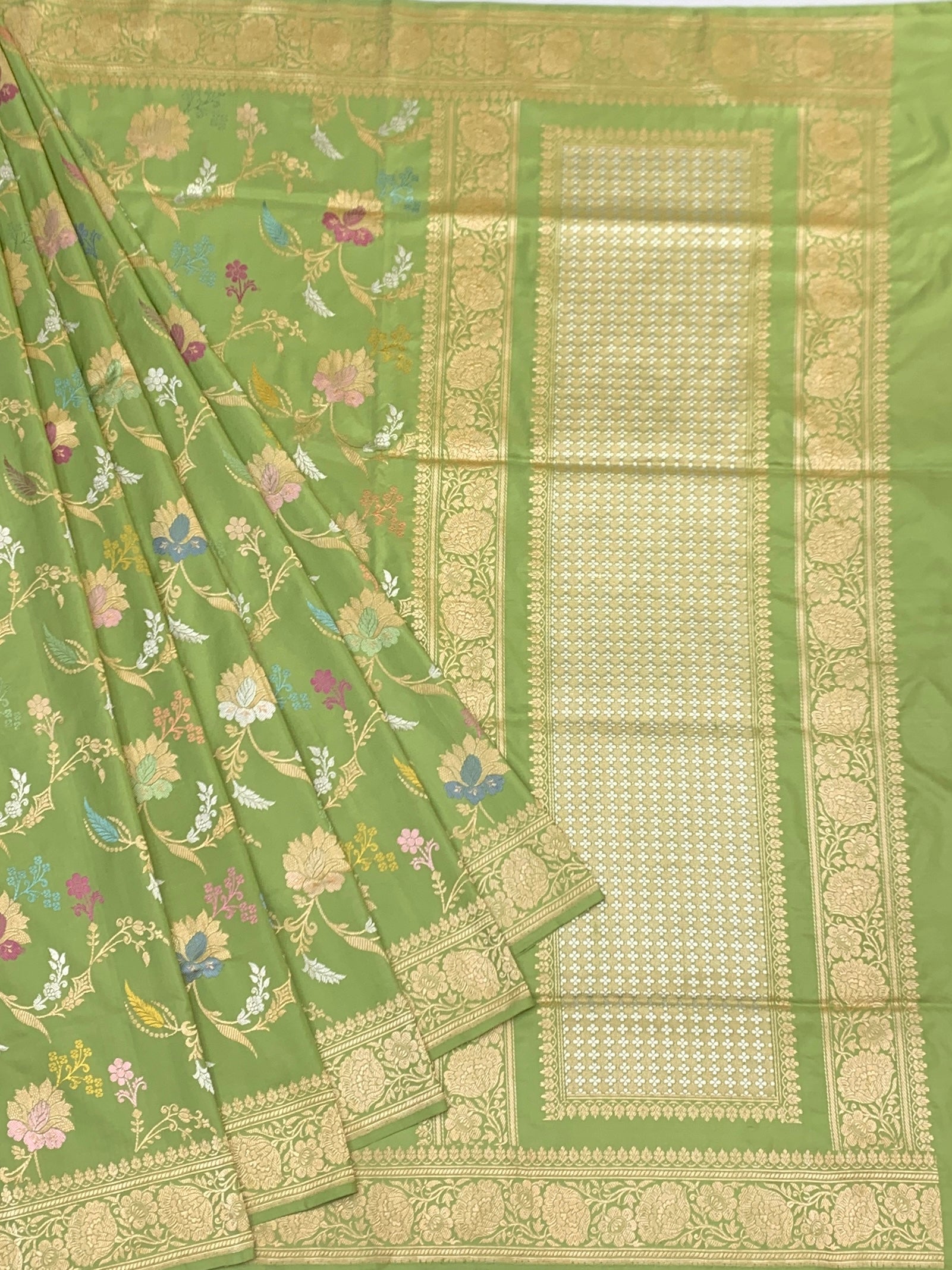 Garden Symphony: Pistachio Green Meenakari Banarasi Silk Saree