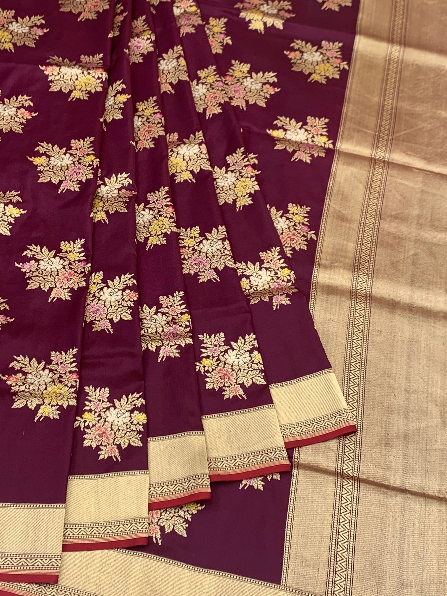 Regal Bloom: Deep Wine Meenakari Banarasi Silk Saree