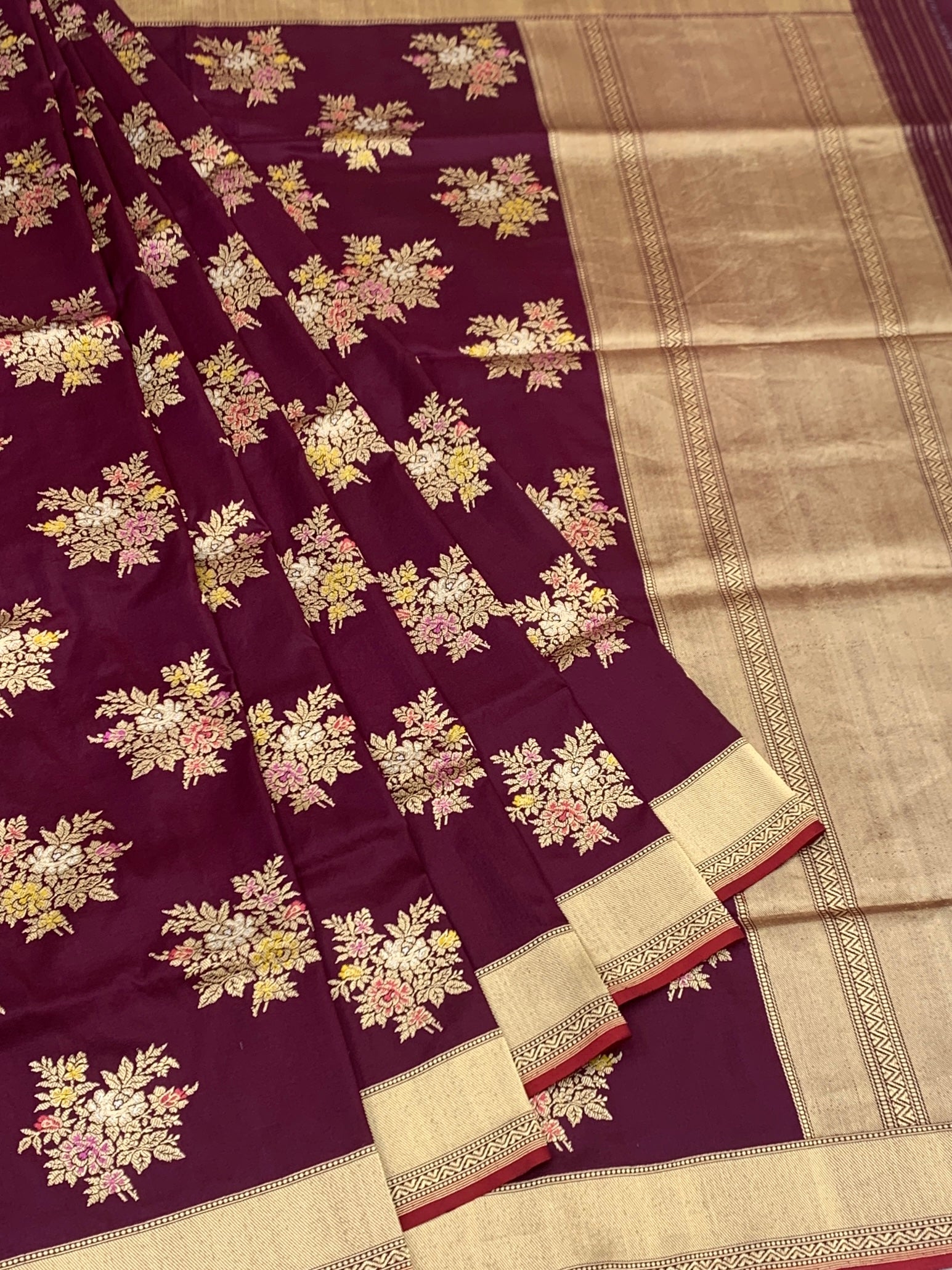 Regal Bloom: Deep Wine Meenakari Banarasi Silk Saree
