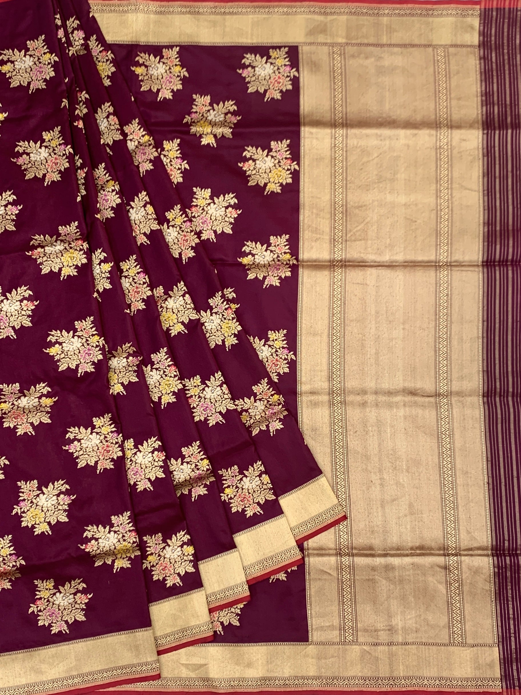 Regal Bloom: Deep Wine Meenakari Banarasi Silk Saree