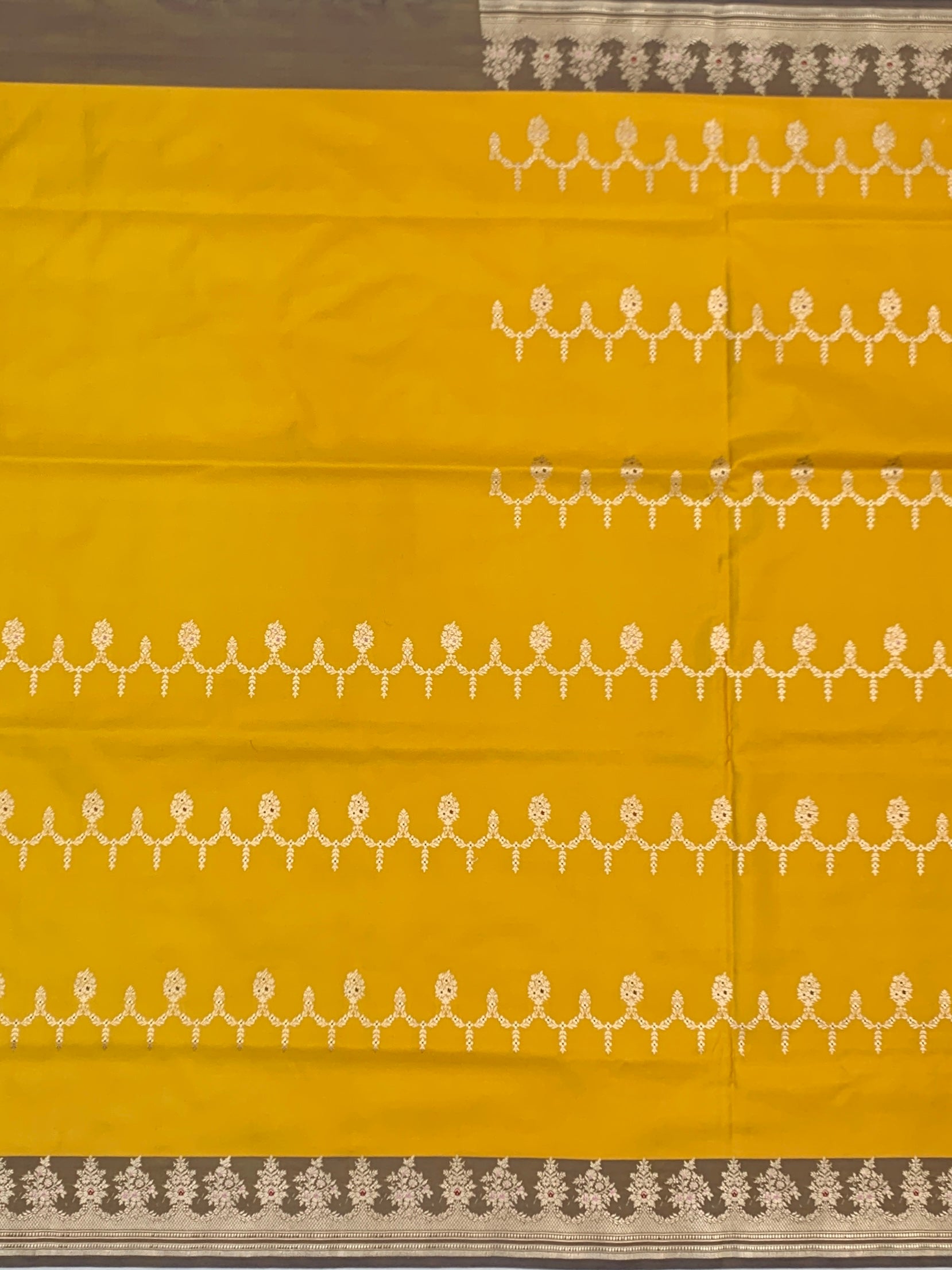 Radiant Aura: Mustard & Slate Grey Silver Zari Banarasi Silk Saree