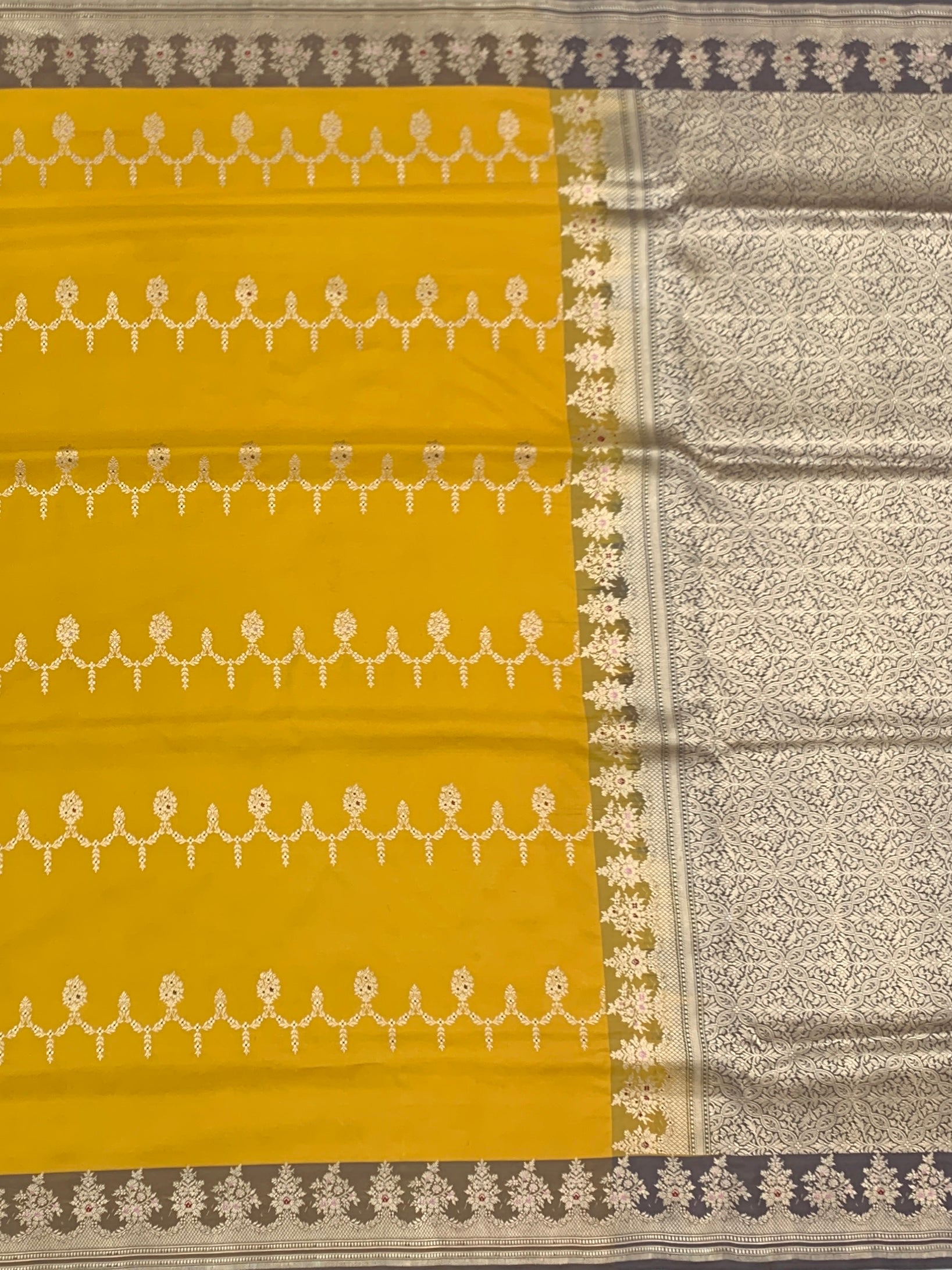 Radiant Aura: Mustard & Slate Grey Silver Zari Banarasi Silk Saree